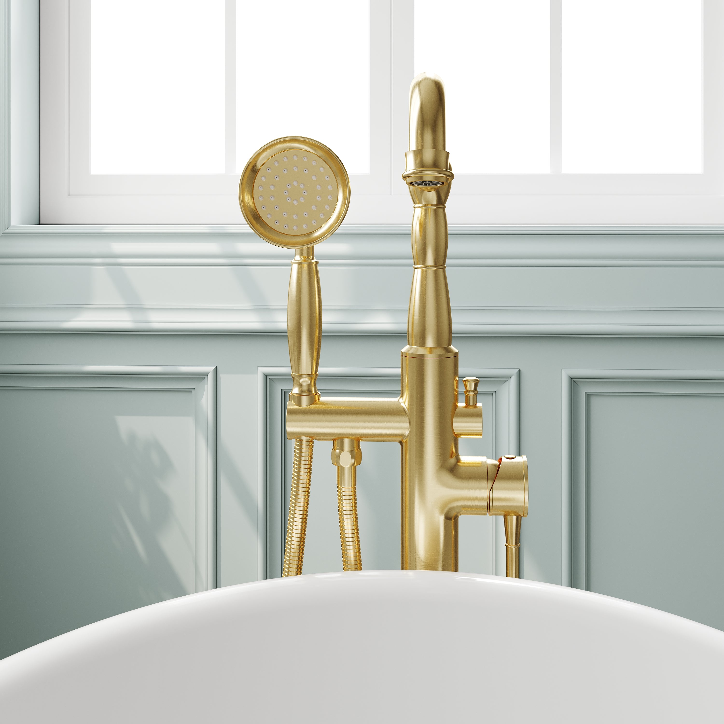 Freestanding Floor Mount Tub Faucet with 360° Swivel Spout, Brass Body & SUS304 Hand Shower