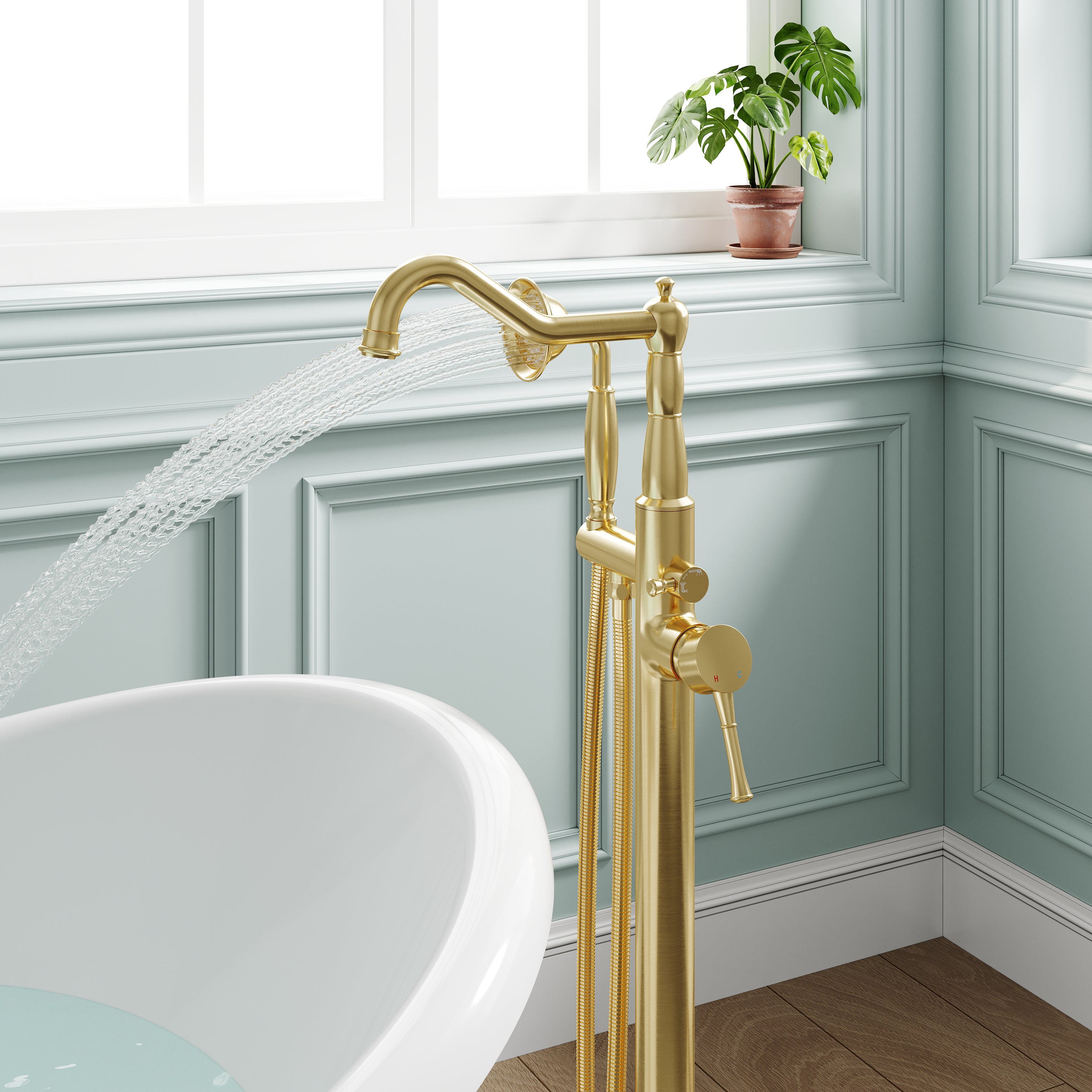 Freestanding Floor Mount Tub Faucet with 360° Swivel Spout, Brass Body & SUS304 Hand Shower