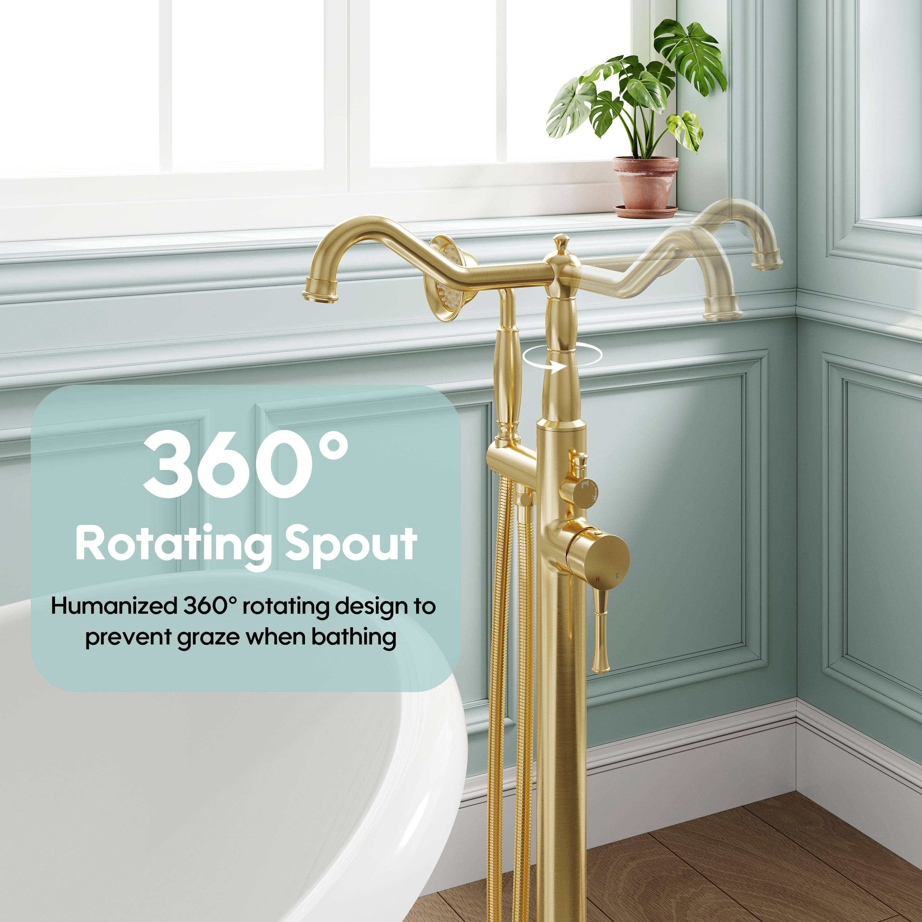 Freestanding Floor Mount Tub Faucet with 360° Swivel Spout, Brass Body & SUS304 Hand Shower