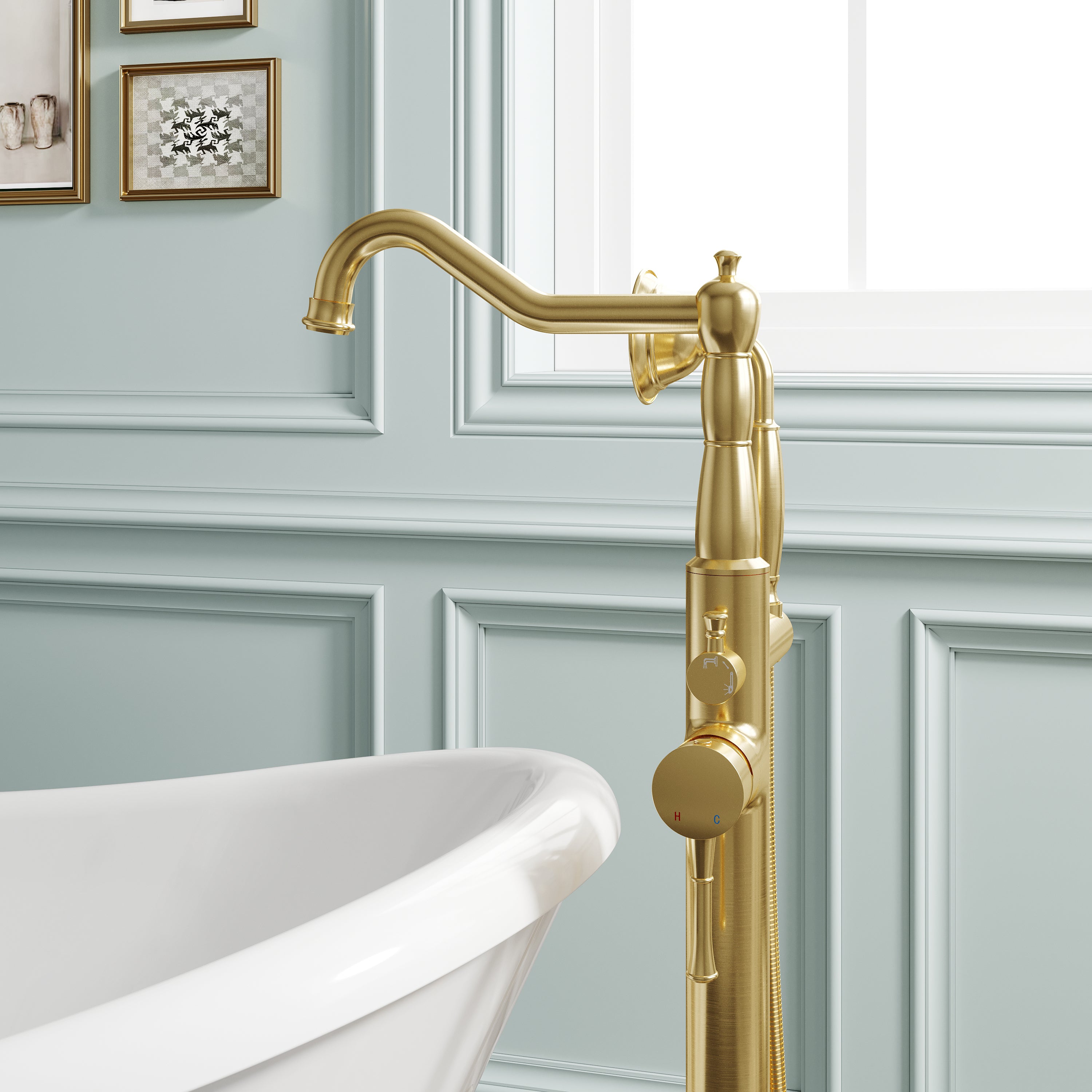 Freestanding Floor Mount Tub Faucet with 360° Swivel Spout, Brass Body & SUS304 Hand Shower
