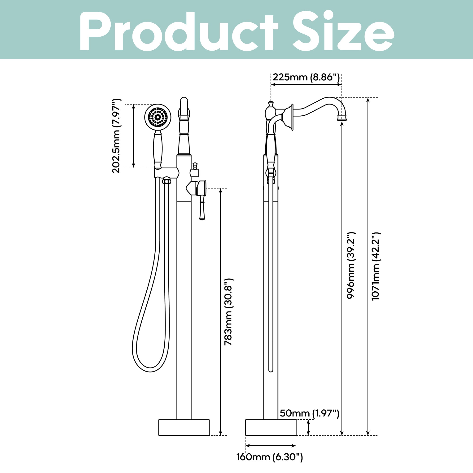 Freestanding Floor Mount Tub Faucet with 360° Swivel Spout, Brass Body & SUS304 Hand Shower