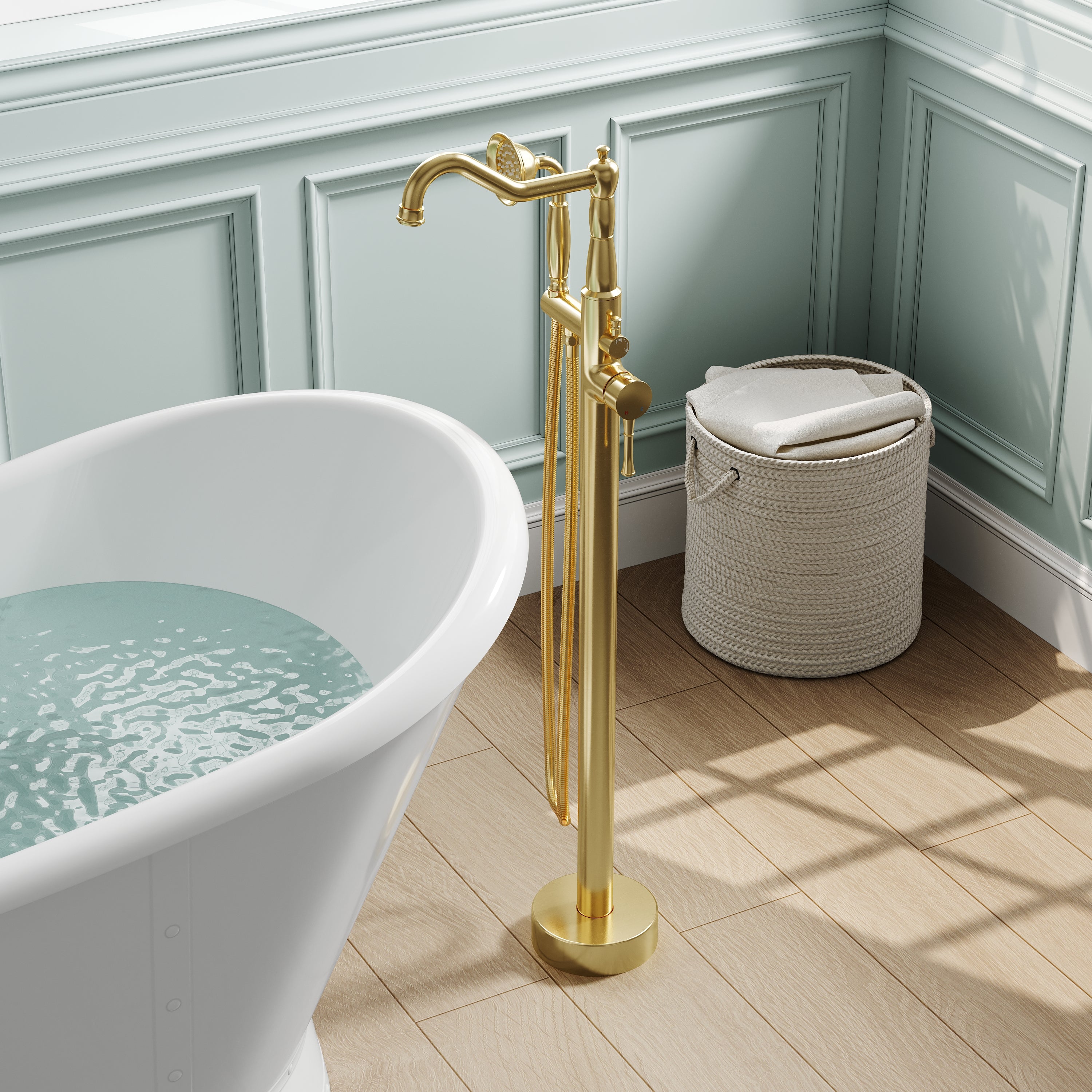 Freestanding Floor Mount Tub Faucet with 360° Swivel Spout, Brass Body & SUS304 Hand Shower