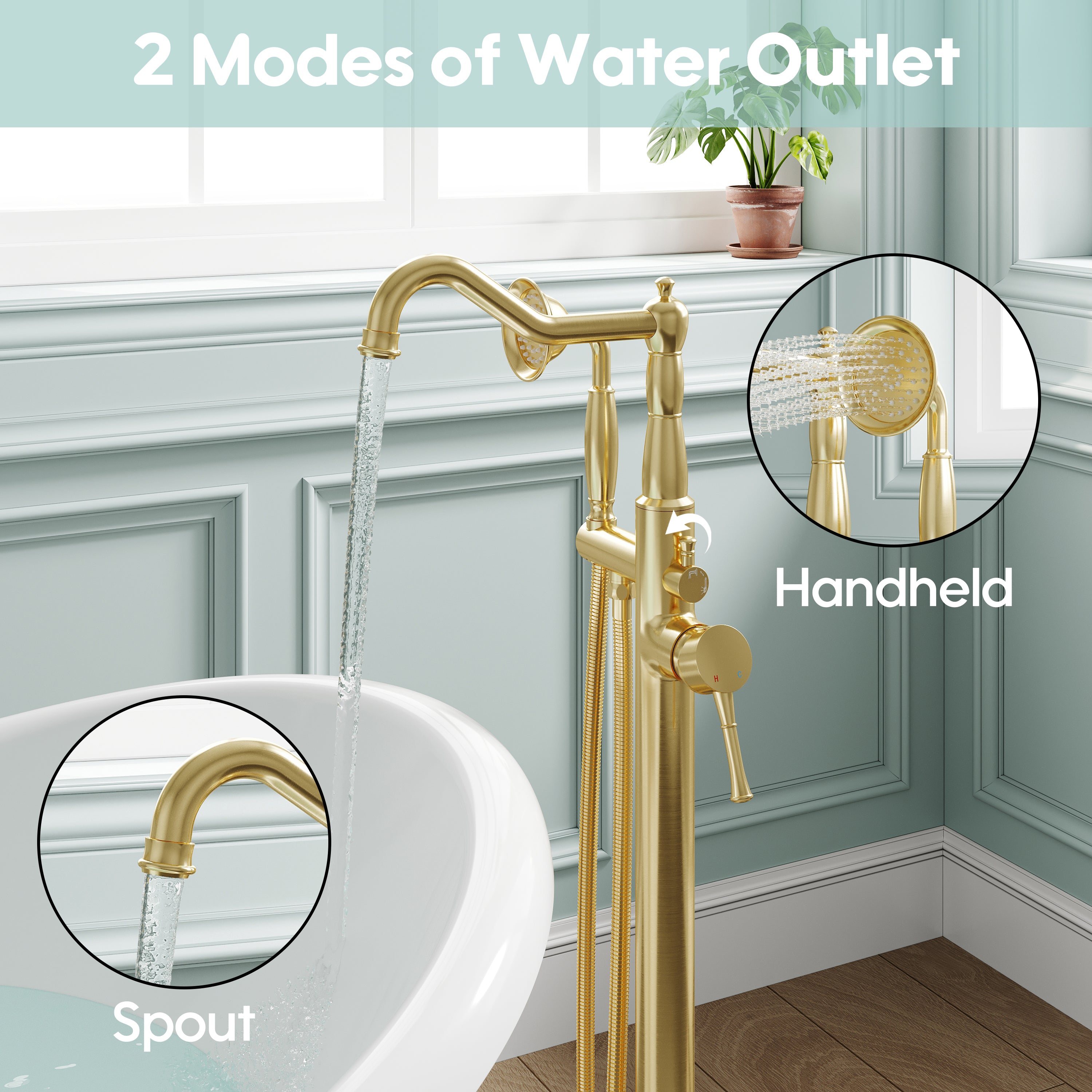 Freestanding Floor Mount Tub Faucet with 360° Swivel Spout, Brass Body & SUS304 Hand Shower