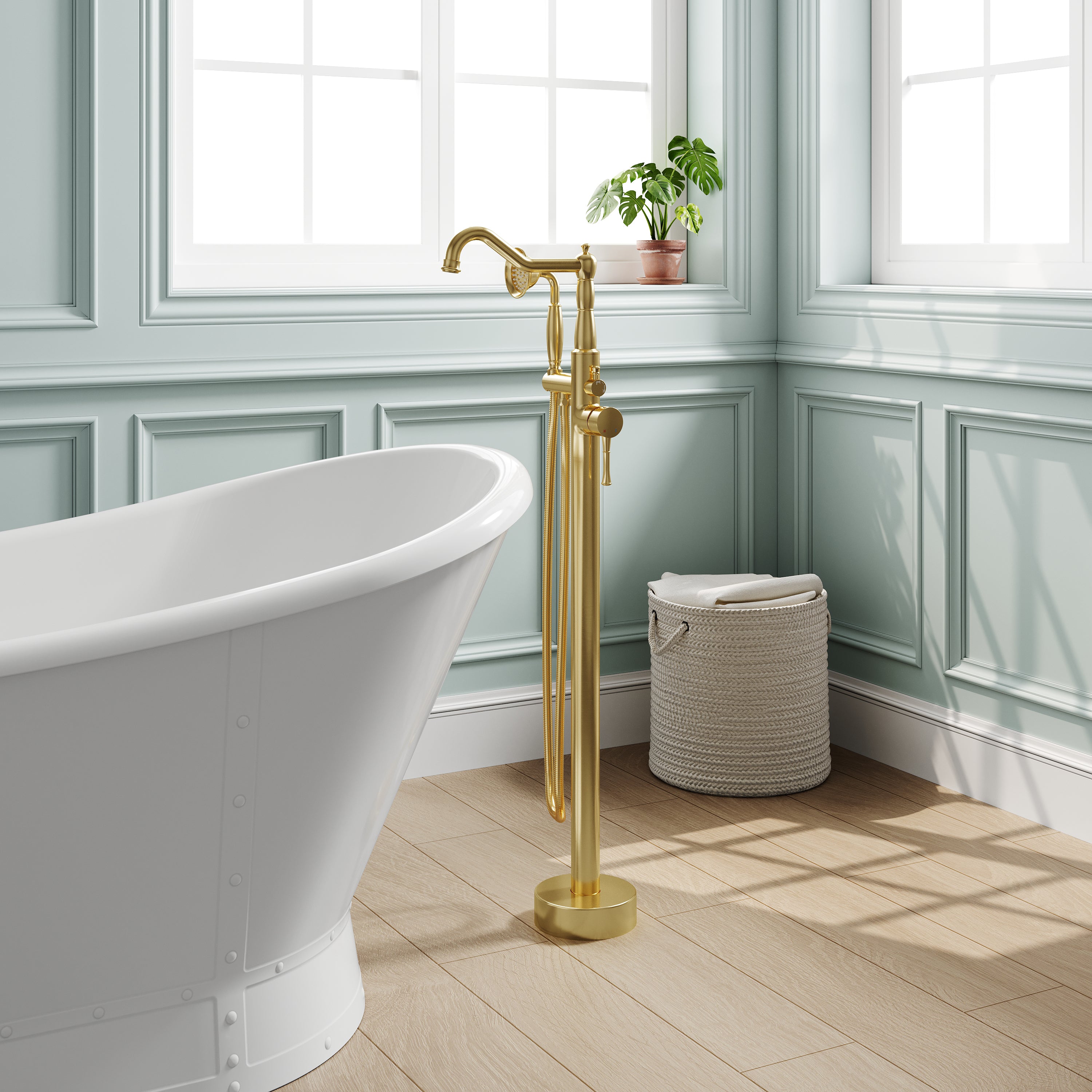 Freestanding Floor Mount Tub Faucet with 360° Swivel Spout, Brass Body & SUS304 Hand Shower