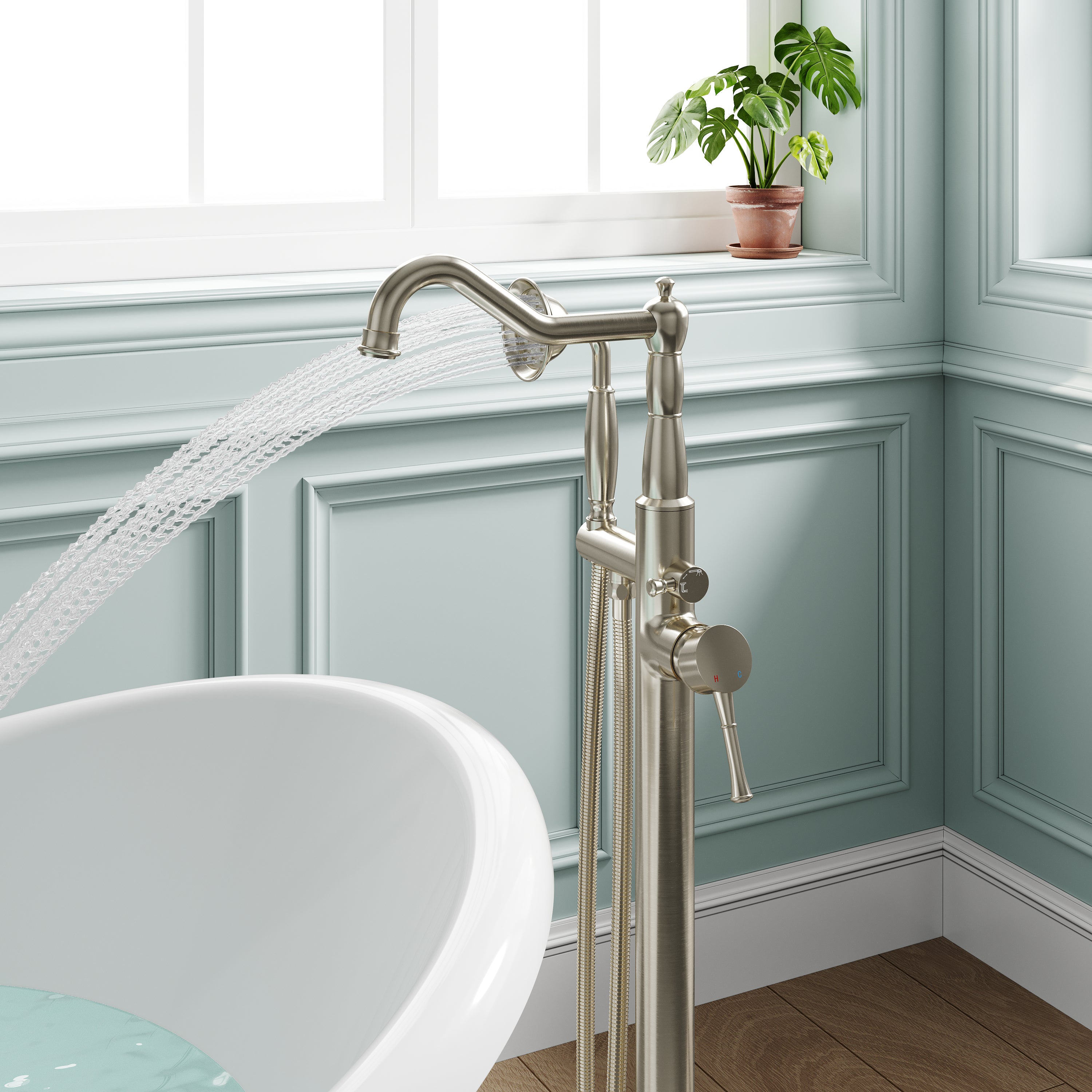 Freestanding Floor Mount Tub Faucet with 360° Swivel Spout, Brass Body & SUS304 Hand Shower