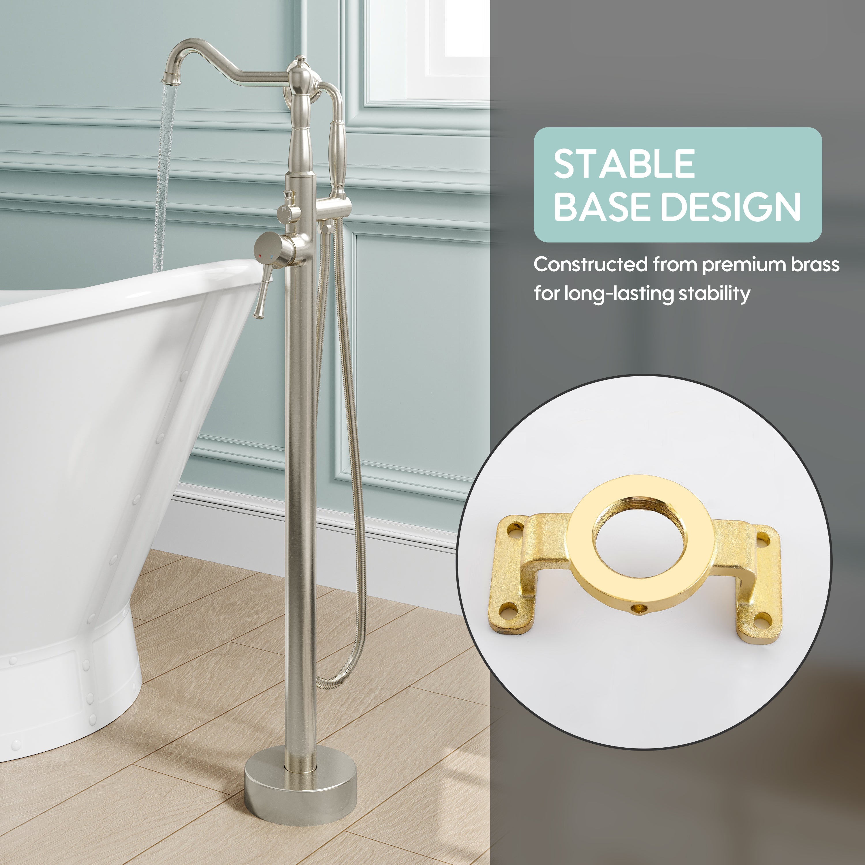 Freestanding Floor Mount Tub Faucet with 360° Swivel Spout, Brass Body & SUS304 Hand Shower
