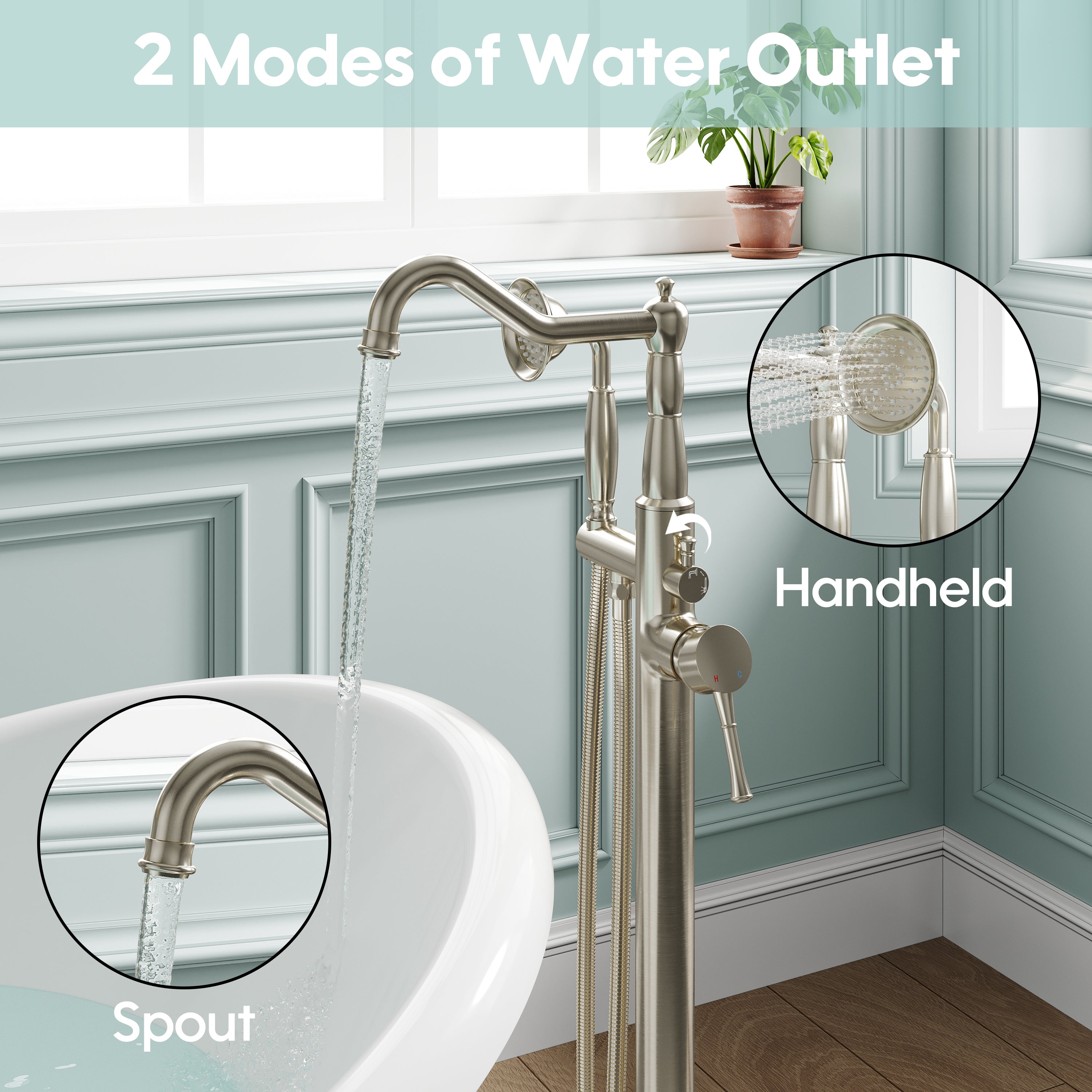 Freestanding Floor Mount Tub Faucet with 360° Swivel Spout, Brass Body & SUS304 Hand Shower