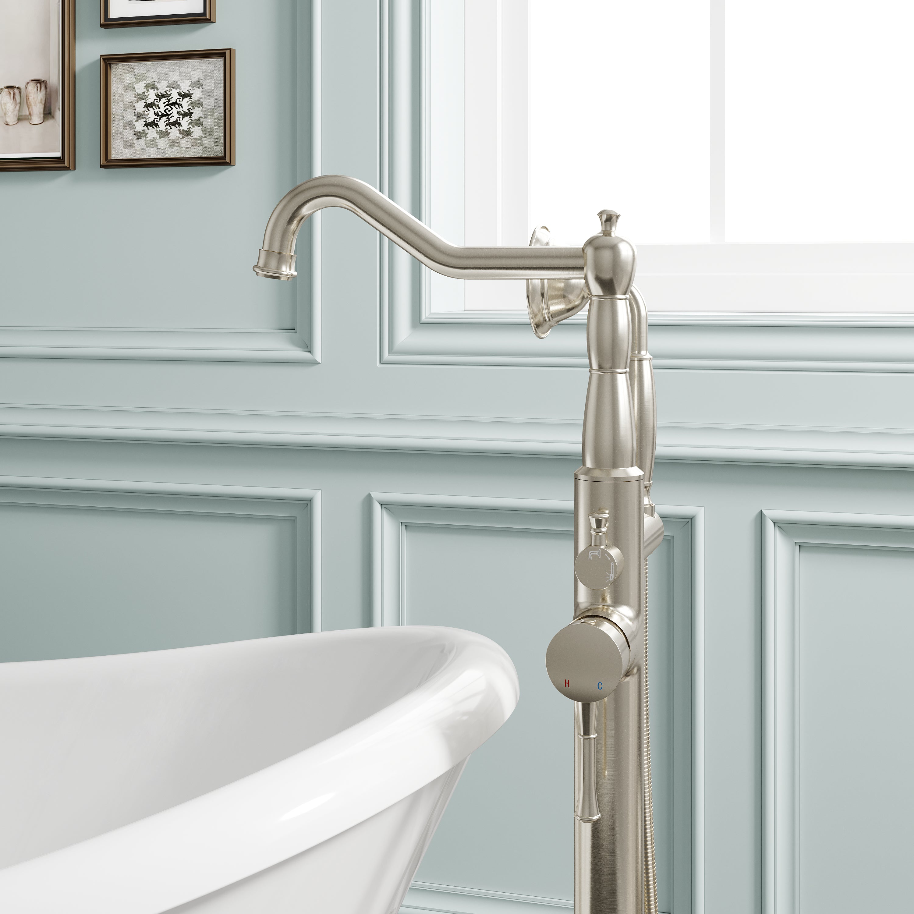 Freestanding Floor Mount Tub Faucet with 360° Swivel Spout, Brass Body & SUS304 Hand Shower