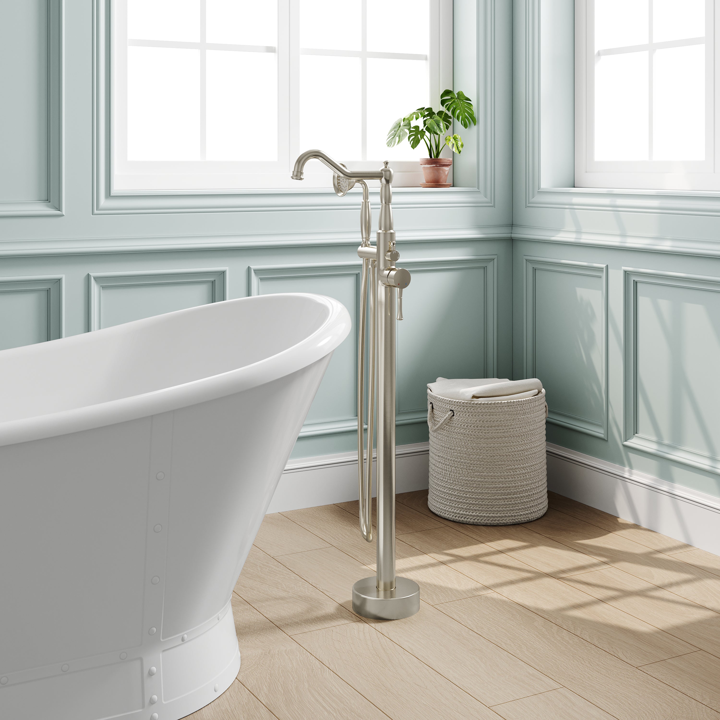 Freestanding Floor Mount Tub Faucet with 360° Swivel Spout, Brass Body & SUS304 Hand Shower