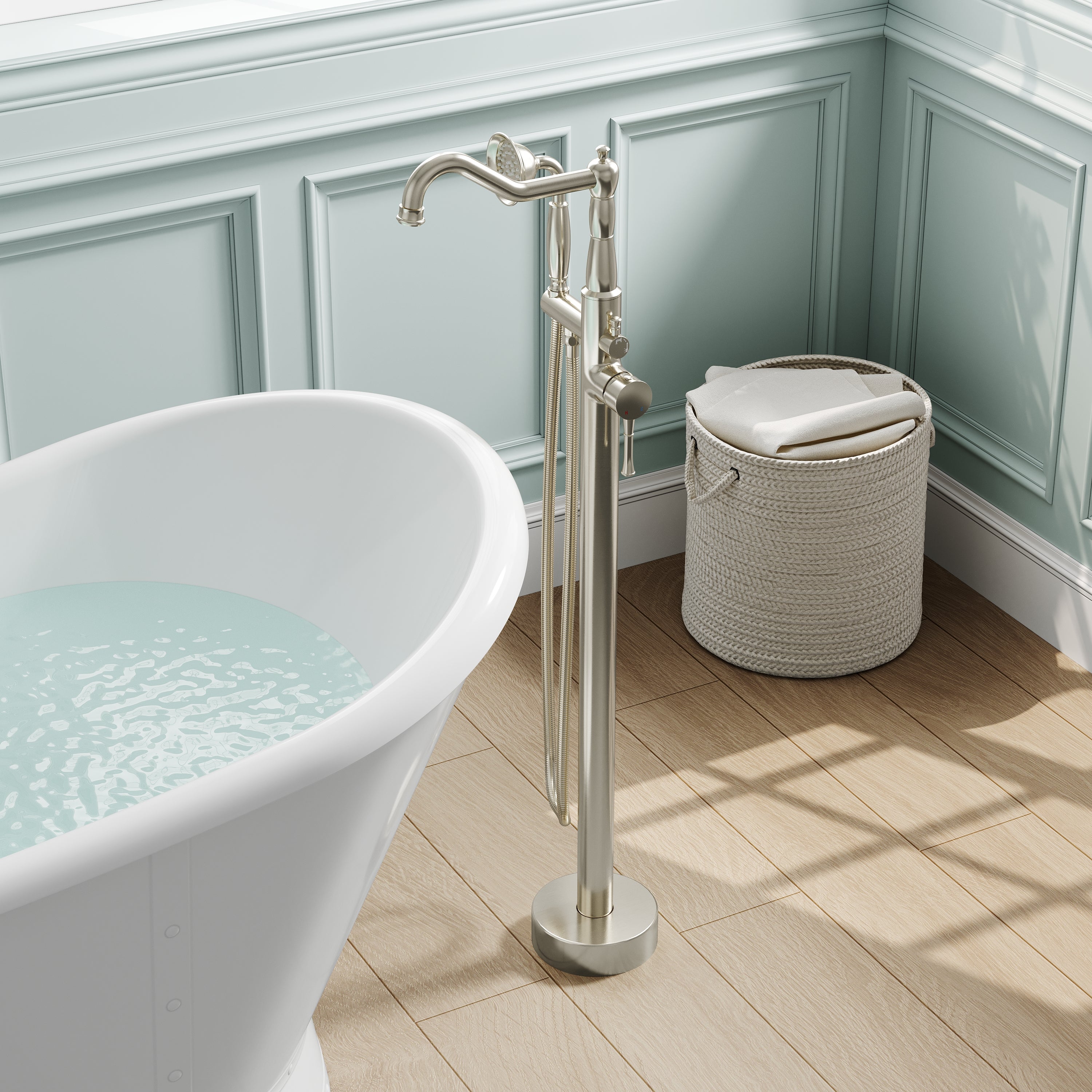 Freestanding Floor Mount Tub Faucet with 360° Swivel Spout, Brass Body & SUS304 Hand Shower