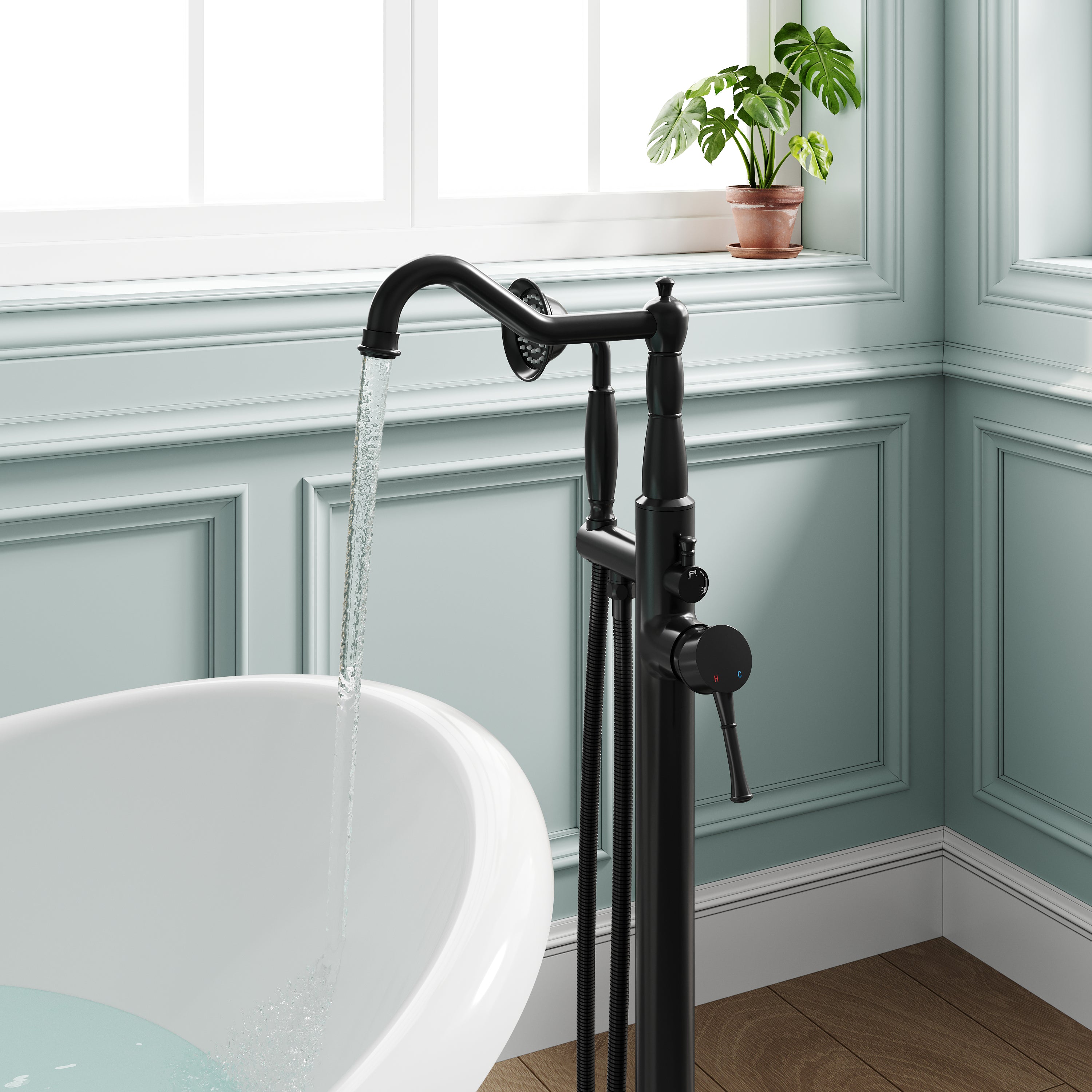 Freestanding Floor Mount Tub Faucet with 360° Swivel Spout, Brass Body & SUS304 Hand Shower