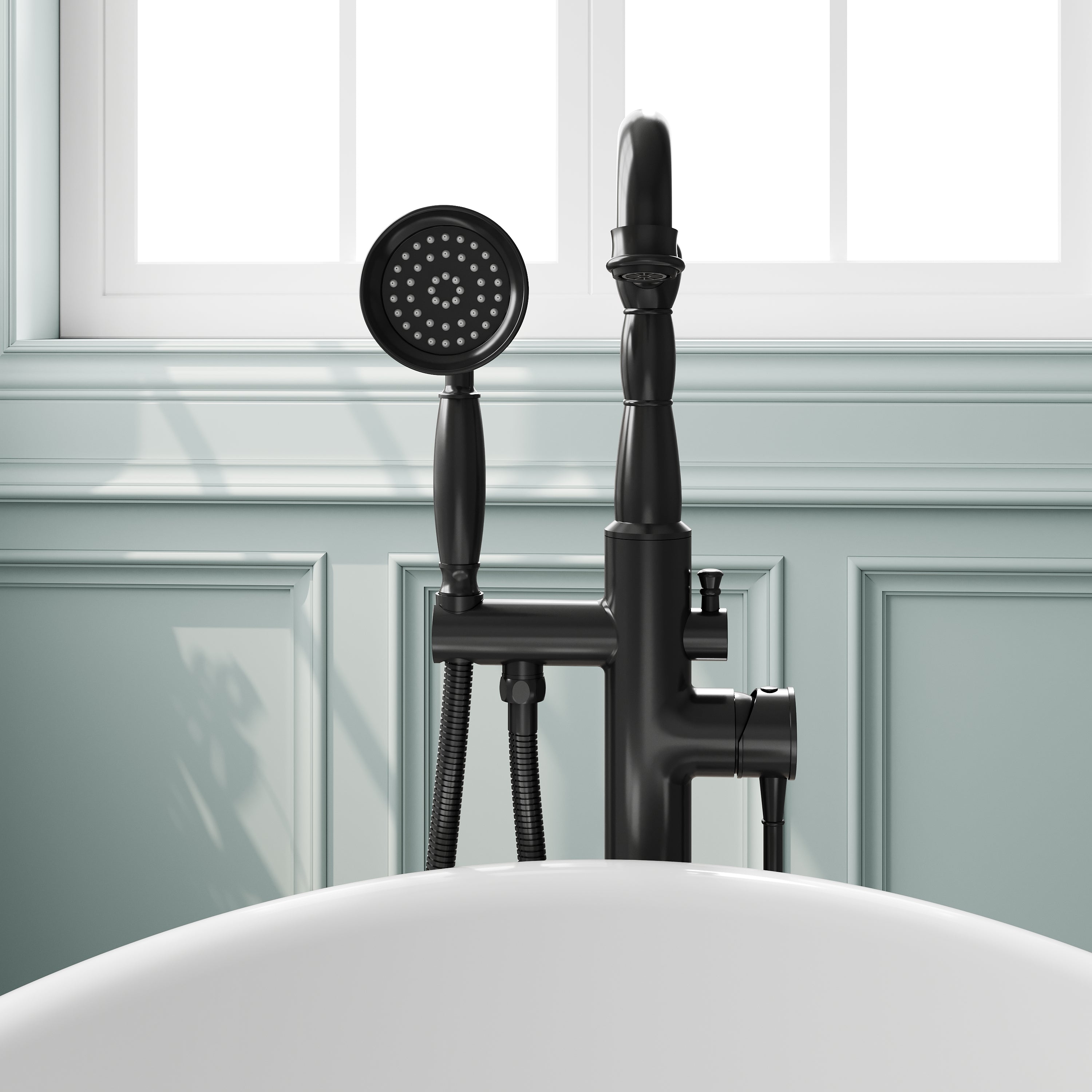 Freestanding Floor Mount Tub Faucet with 360° Swivel Spout, Brass Body & SUS304 Hand Shower