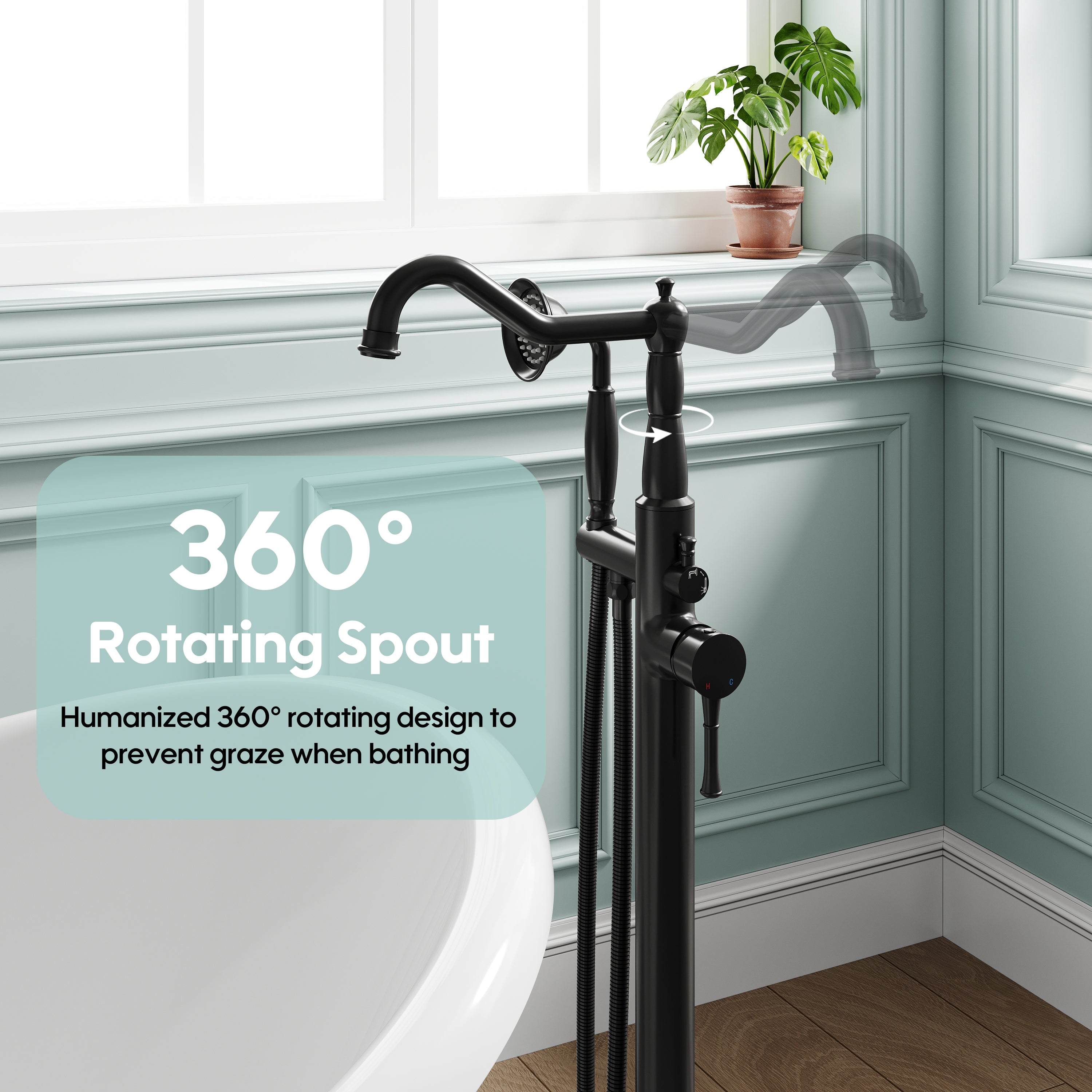 Freestanding Floor Mount Tub Faucet with 360° Swivel Spout, Brass Body & SUS304 Hand Shower