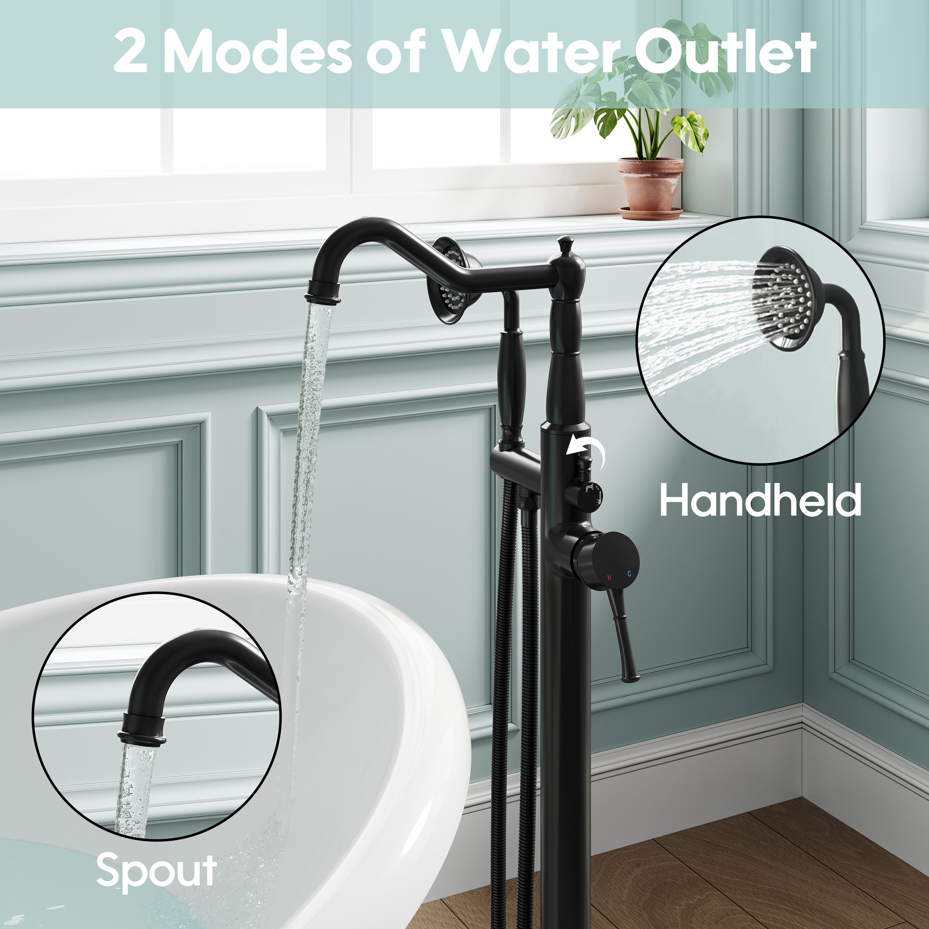 Freestanding Floor Mount Tub Faucet with 360° Swivel Spout, Brass Body & SUS304 Hand Shower