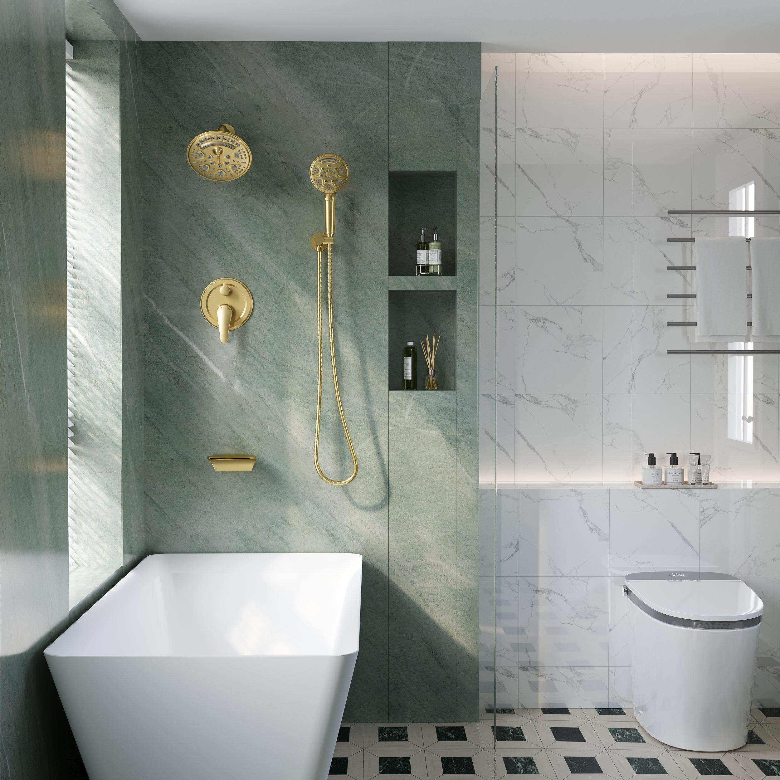 8 inch Wall Mount 6-Spray Patterns Rain Shower Head and 9-Function Handheld Shower Combo with Waterfall Nozzle