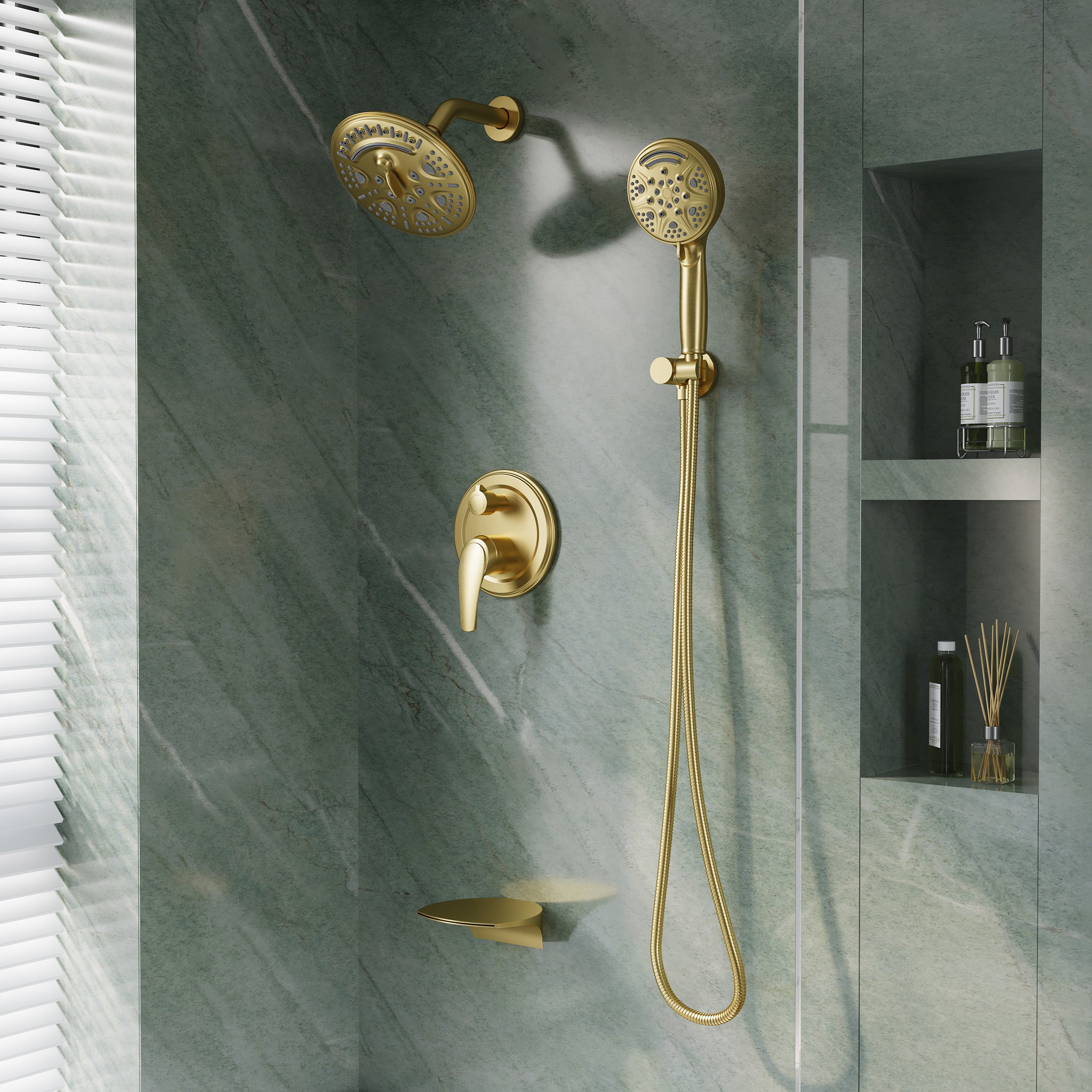 8 inch Wall Mount 6-Spray Patterns Rain Shower Head and 9-Function Handheld Shower Combo with Waterfall Nozzle