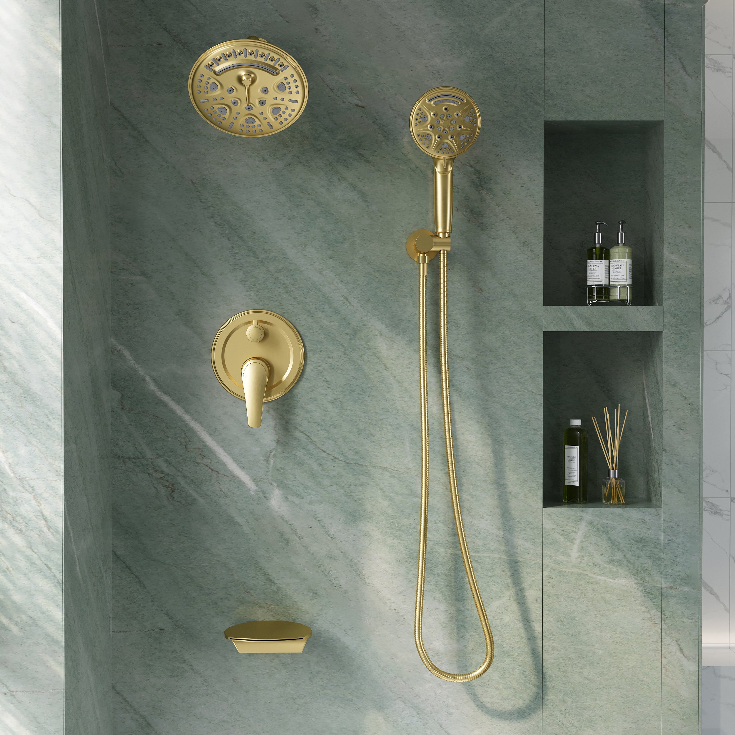 8 inch Wall Mount 6-Spray Patterns Rain Shower Head and 9-Function Handheld Shower Combo with Waterfall Nozzle