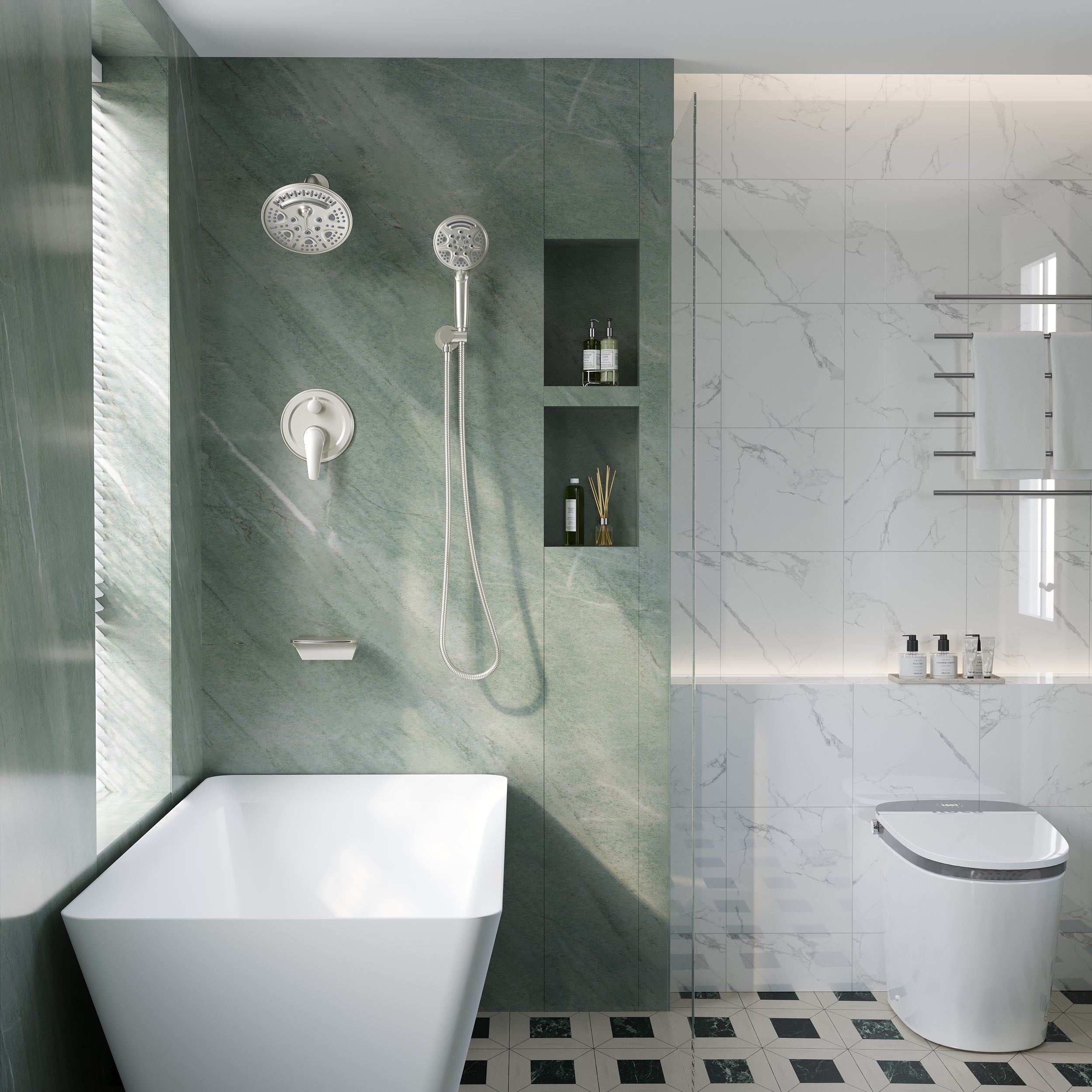 8 inch Wall Mount 6-Spray Patterns Rain Shower Head and 9-Function Handheld Shower Combo with Waterfall Nozzle