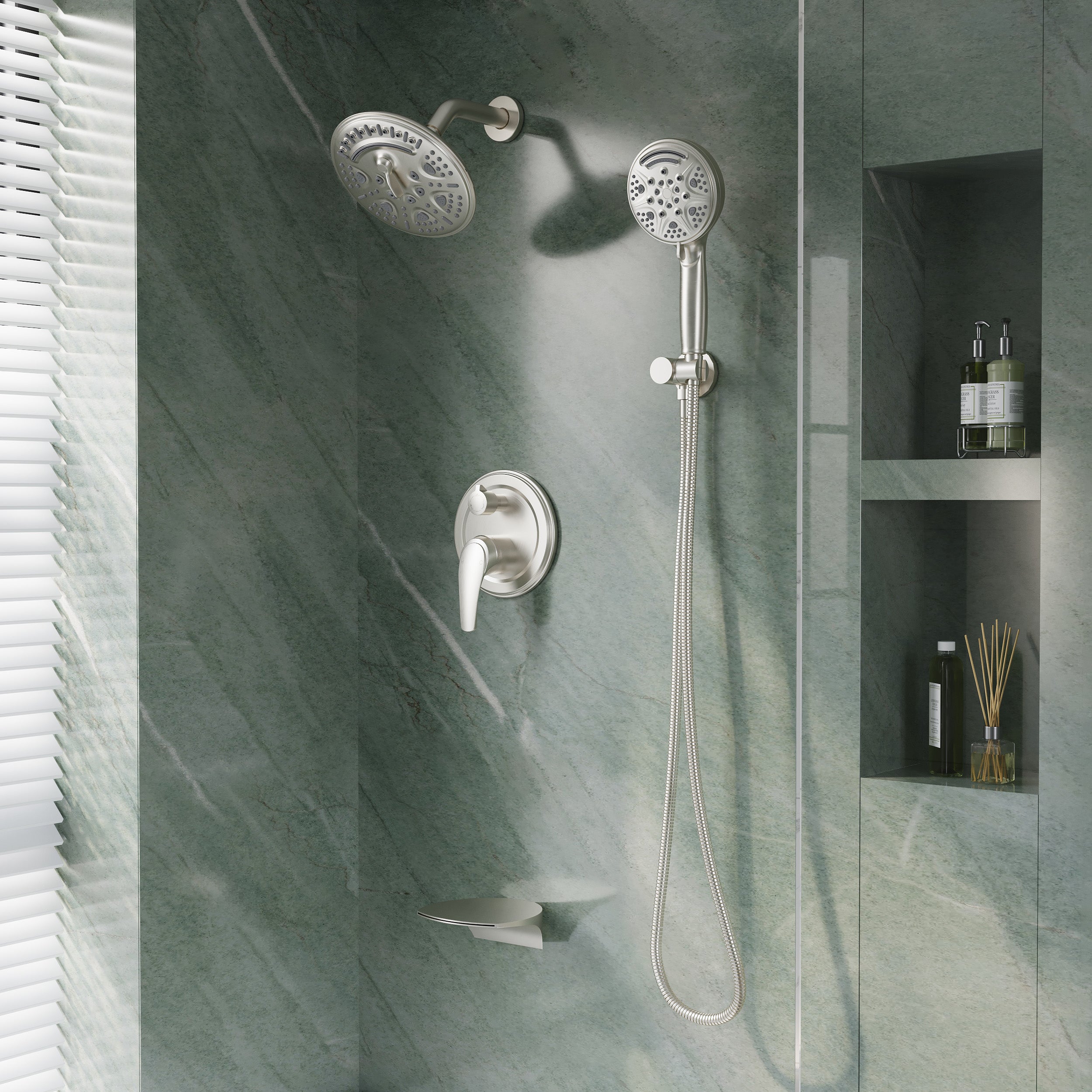 8 inch Wall Mount 6-Spray Patterns Rain Shower Head and 9-Function Handheld Shower Combo with Waterfall Nozzle