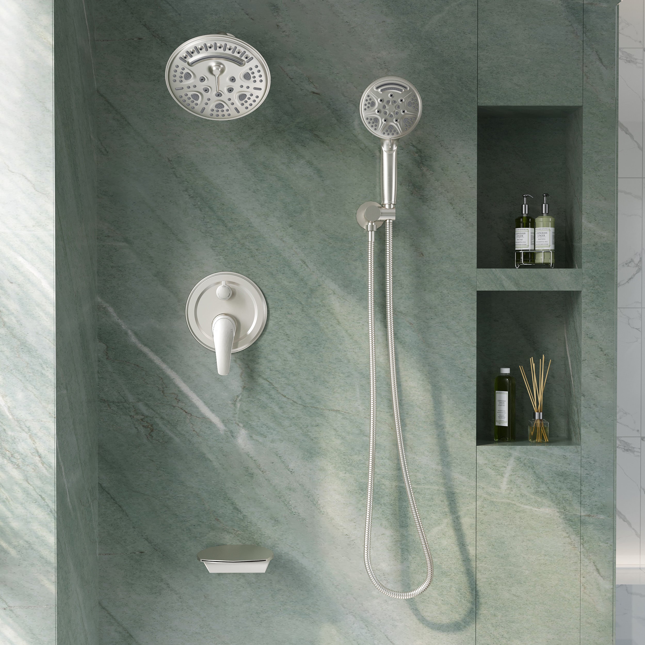 8 inch Wall Mount 6-Spray Patterns Rain Shower Head and 9-Function Handheld Shower Combo with Waterfall Nozzle