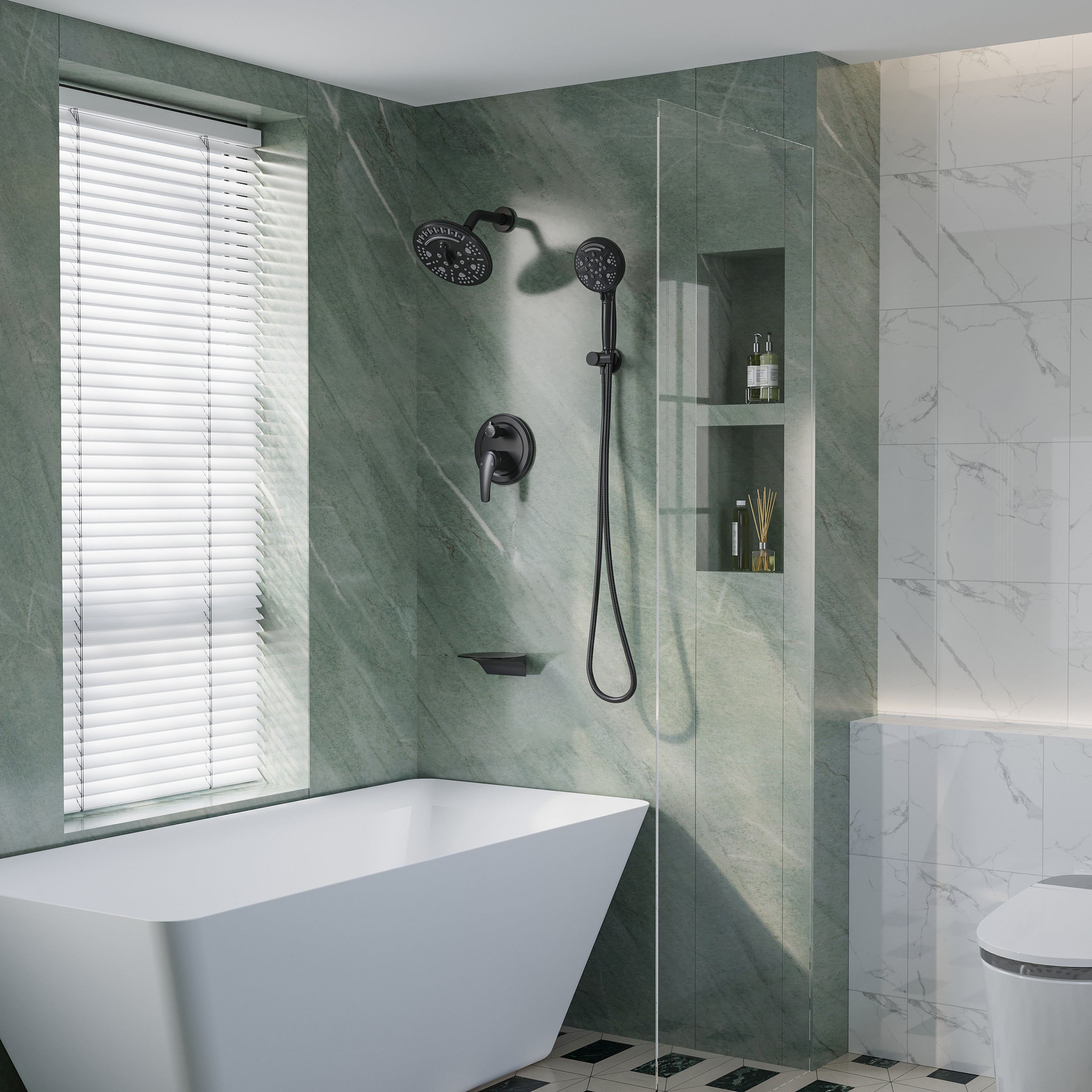 8 inch Wall Mount 6-Spray Patterns Rain Shower Head and 9-Function Handheld Shower Combo with Waterfall Nozzle
