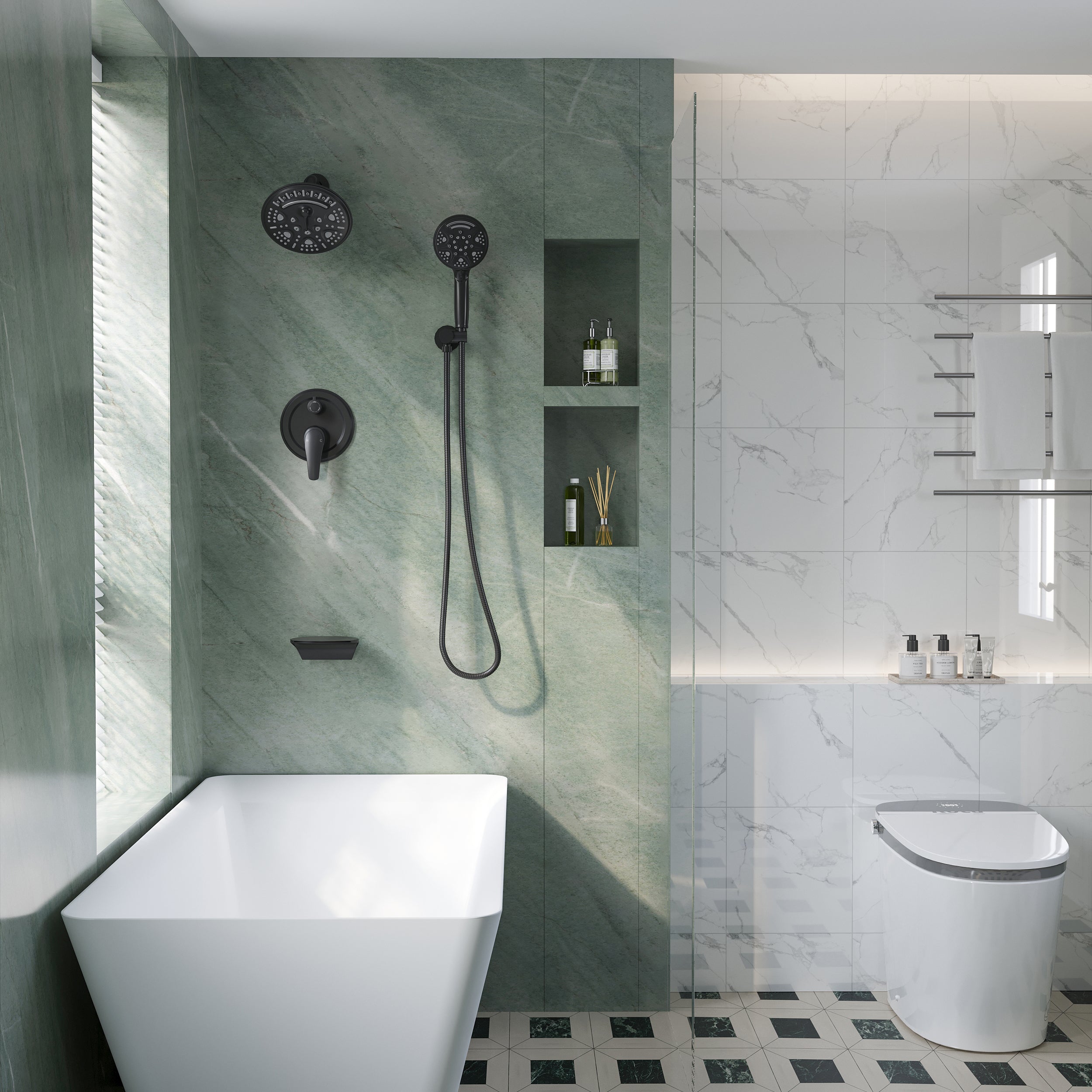 8 inch Wall Mount 6-Spray Patterns Rain Shower Head and 9-Function Handheld Shower Combo with Waterfall Nozzle