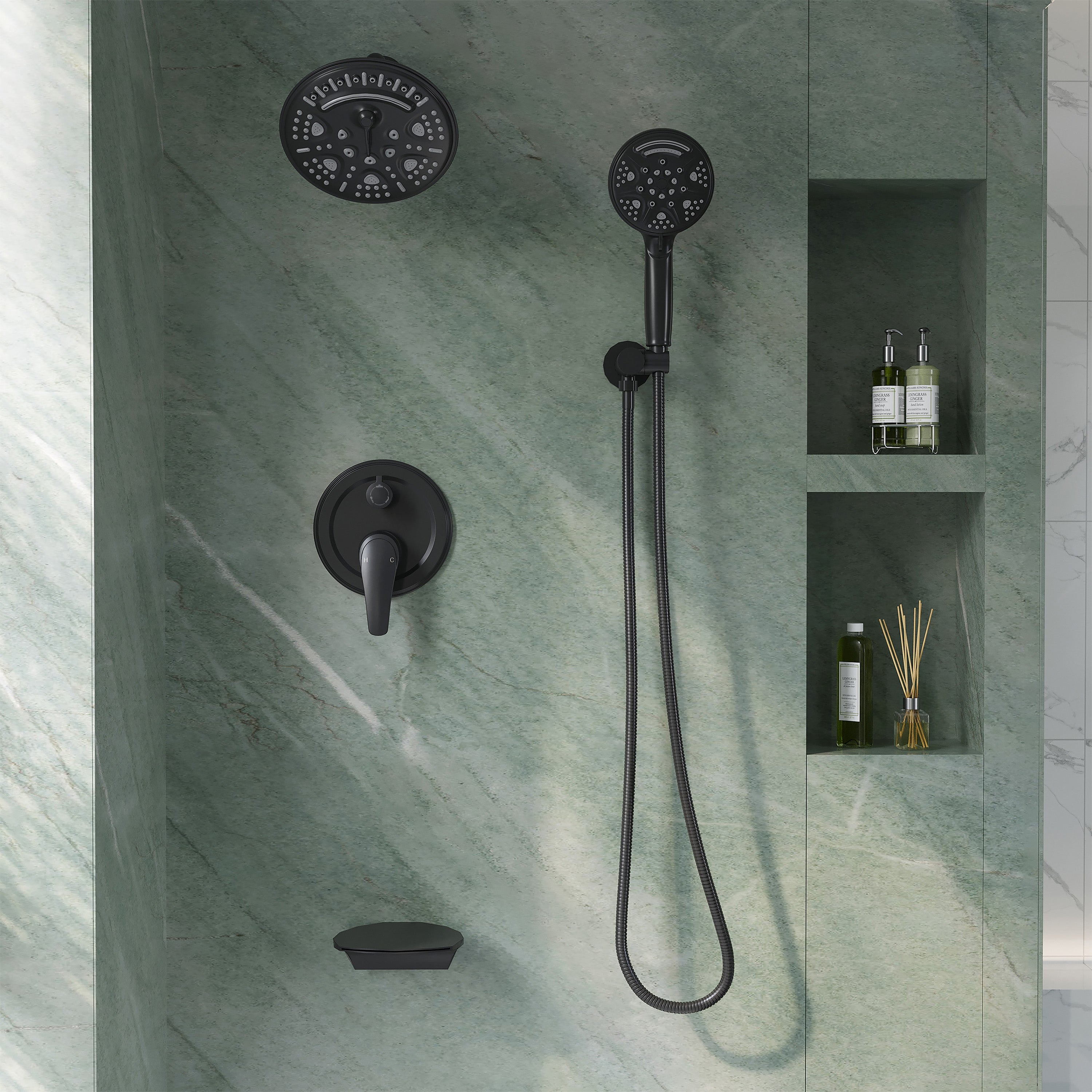 8 inch Wall Mount 6-Spray Patterns Rain Shower Head and 9-Function Handheld Shower Combo with Waterfall Nozzle
