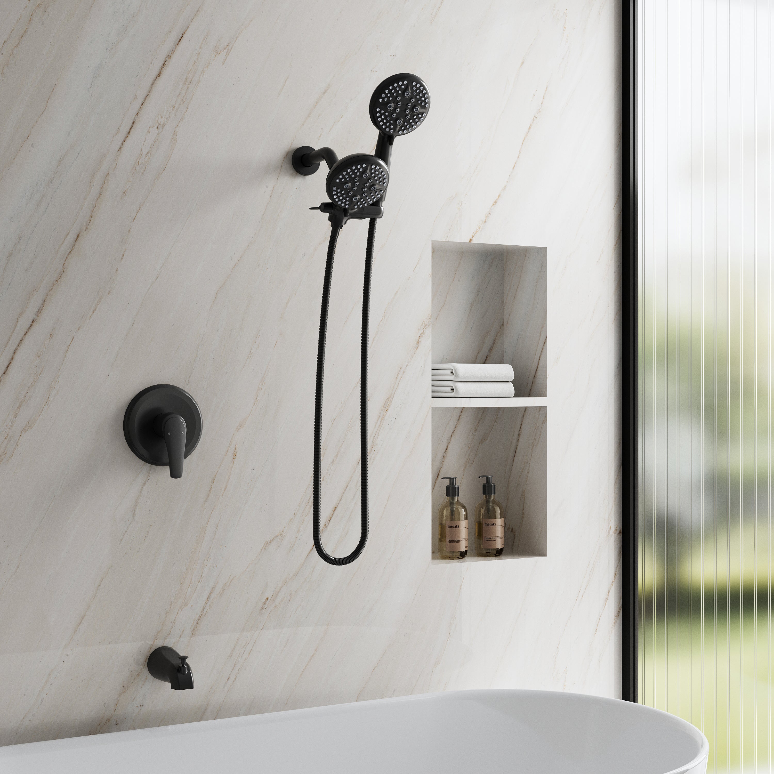 Shower System with 5-Function Handheld & Rainfall Shower Head, High-Flow Tub Spout, cUPC Certified Cartridge, 2.5GPM