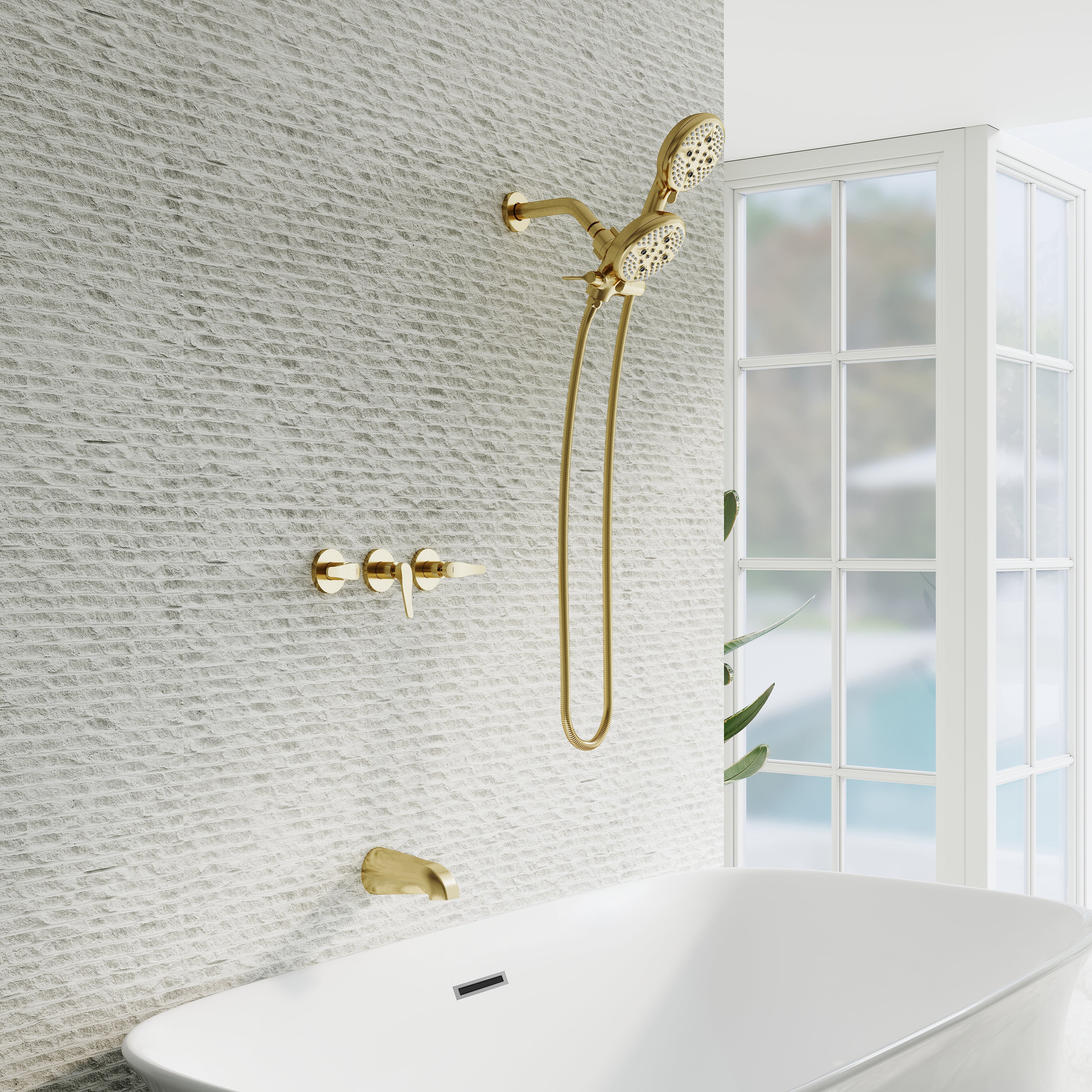 Three-Handle Shower System With Diverter Handle And 5-Spray Function Heads