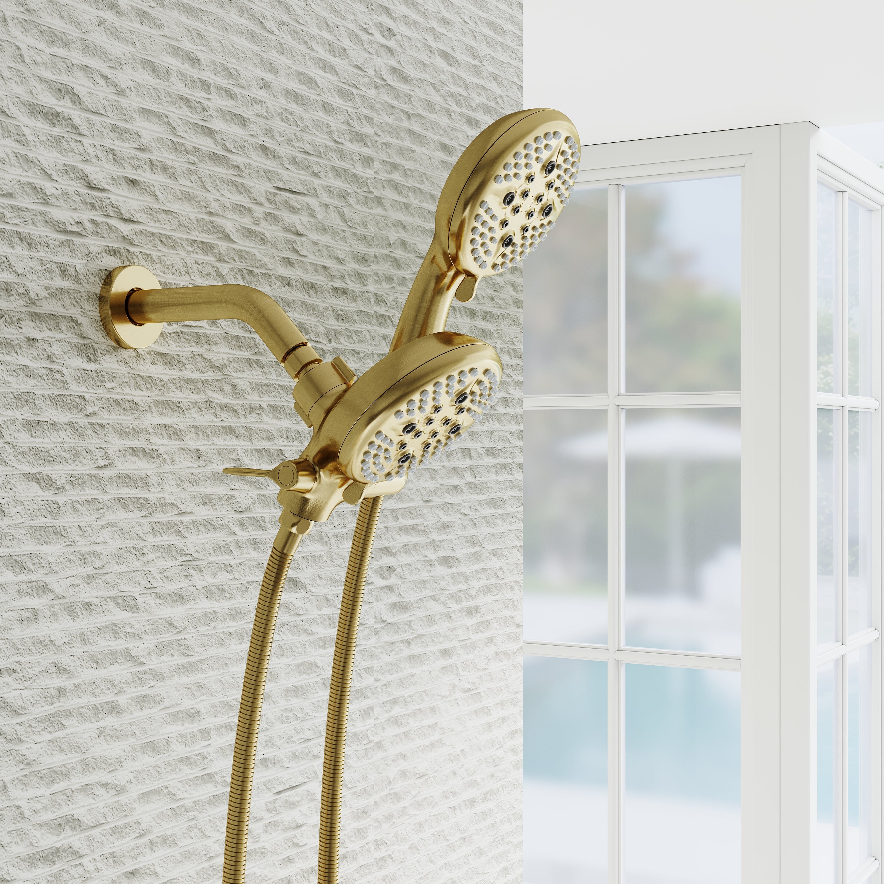 Three-Handle Shower System With Diverter Handle And 5-Spray Function Heads