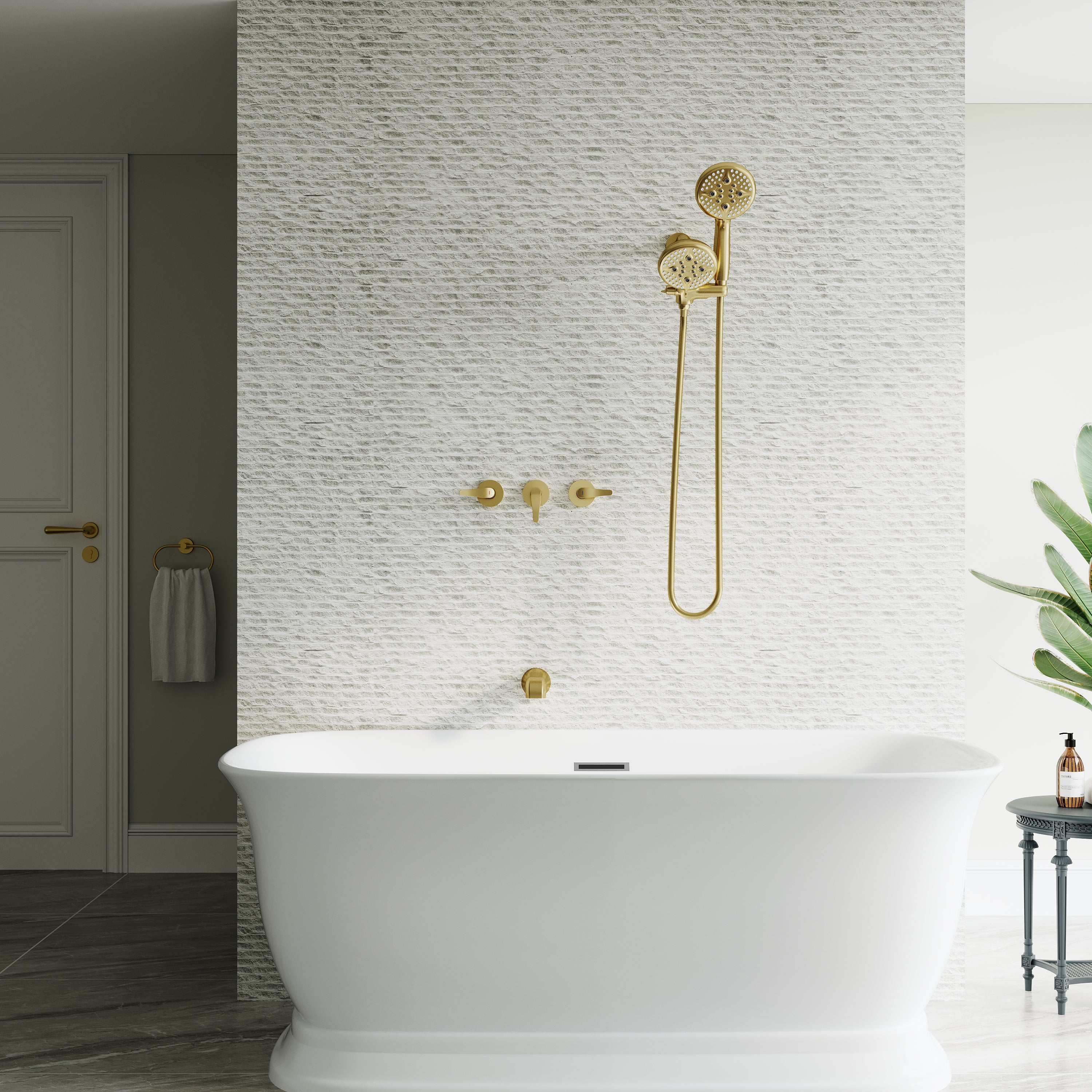 Three-Handle Shower System With Diverter Handle And 5-Spray Function Heads