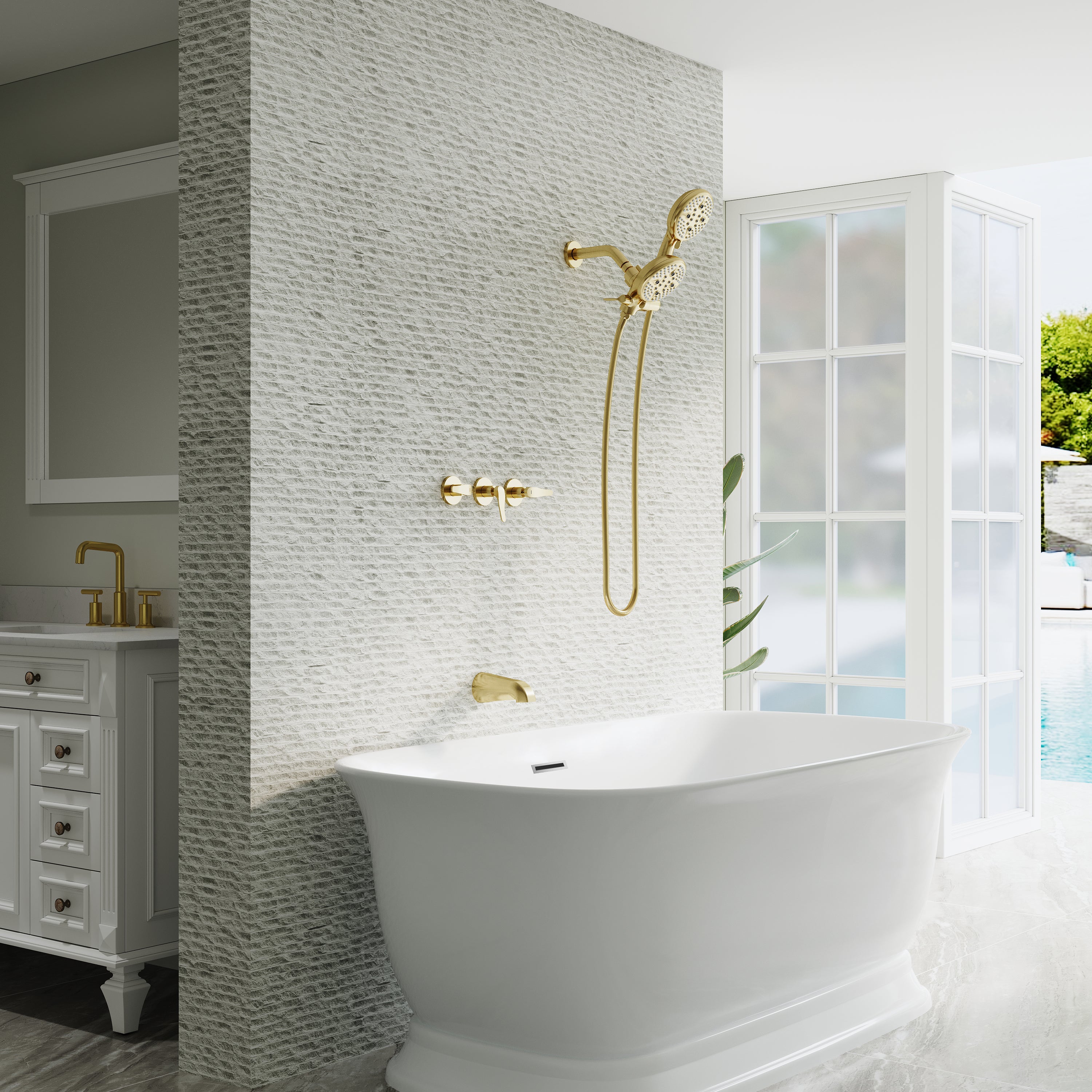Three-Handle Shower System With Diverter Handle And 5-Spray Function Heads
