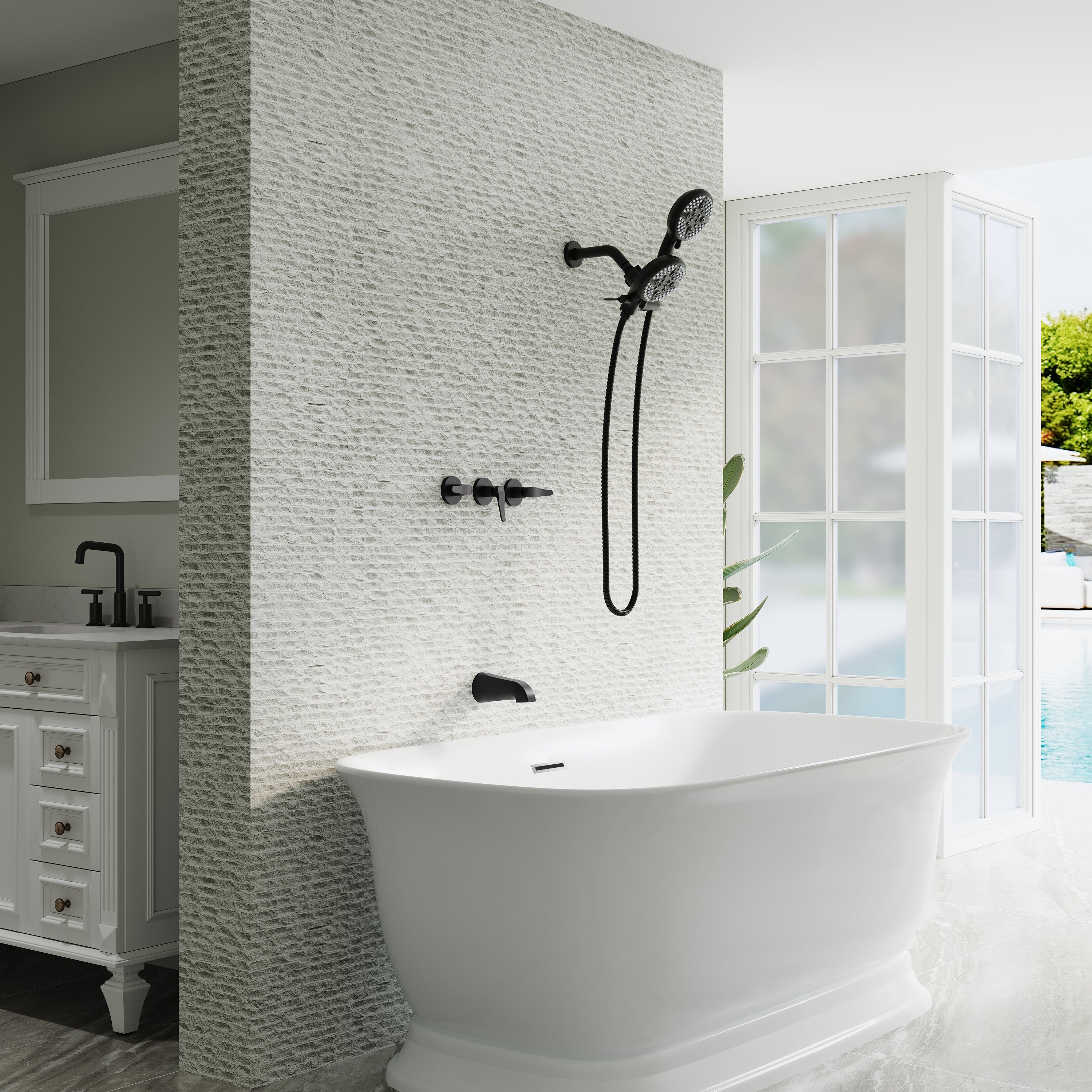 Three-Handle Shower System With Diverter Handle And 5-Spray Function Heads