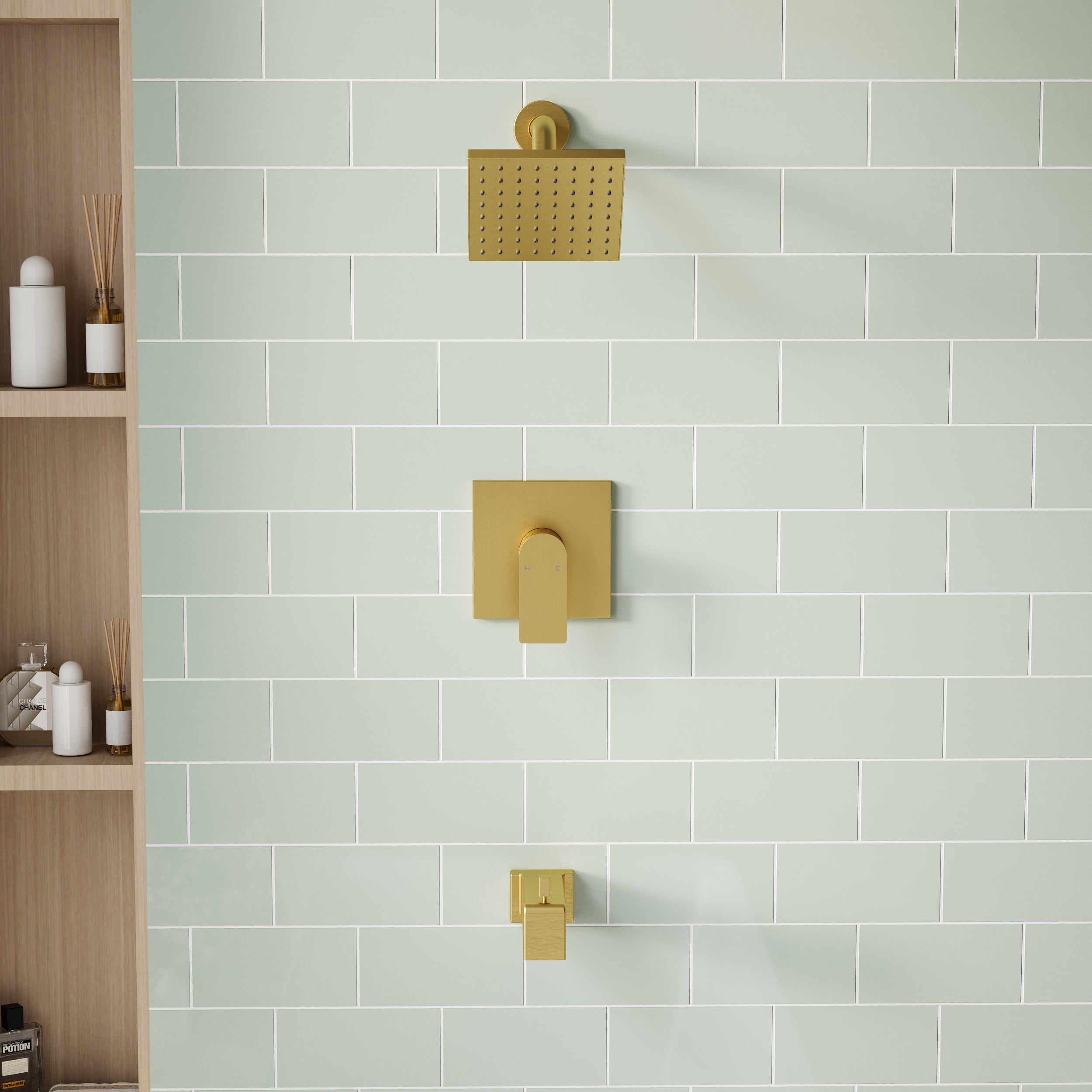 6-in Wall Mount Square Shower Faucet Set with Tub Spout Faucet Wall Mount Shower Head