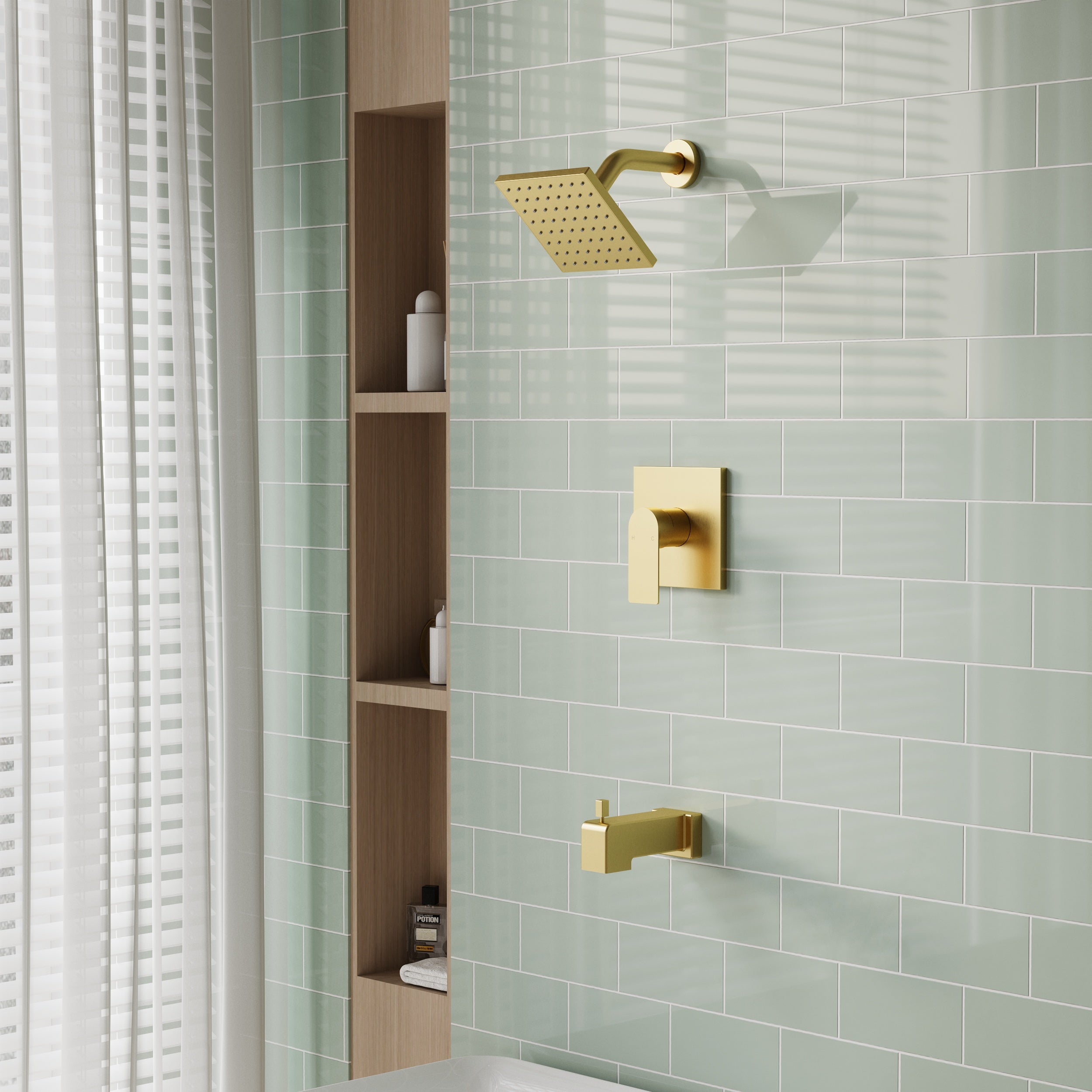 6-in Wall Mount Square Shower Faucet Set with Tub Spout Faucet Wall Mount Shower Head