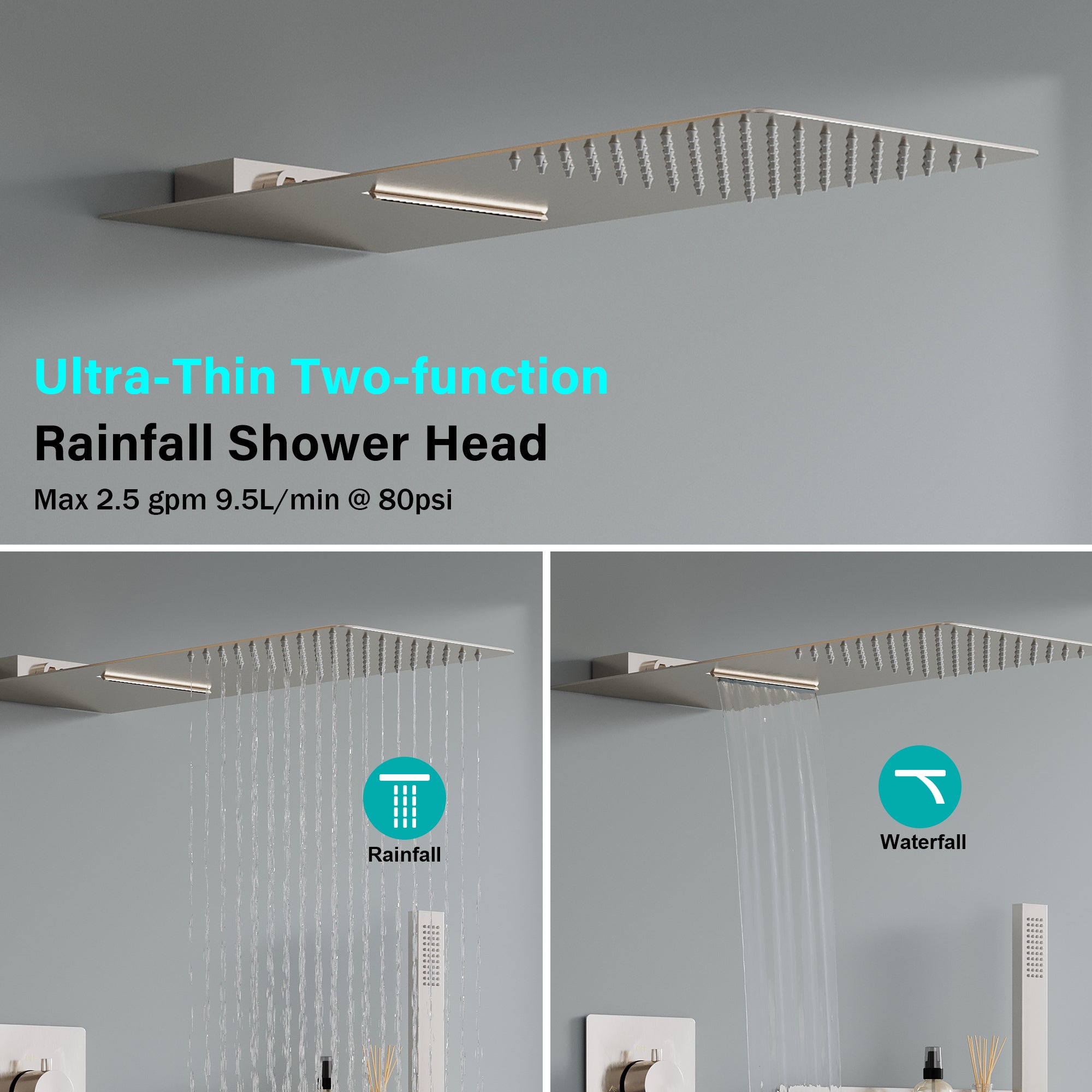 3-Function Shower System with Rainfall Shower Head, Built-in Shelf & Handheld