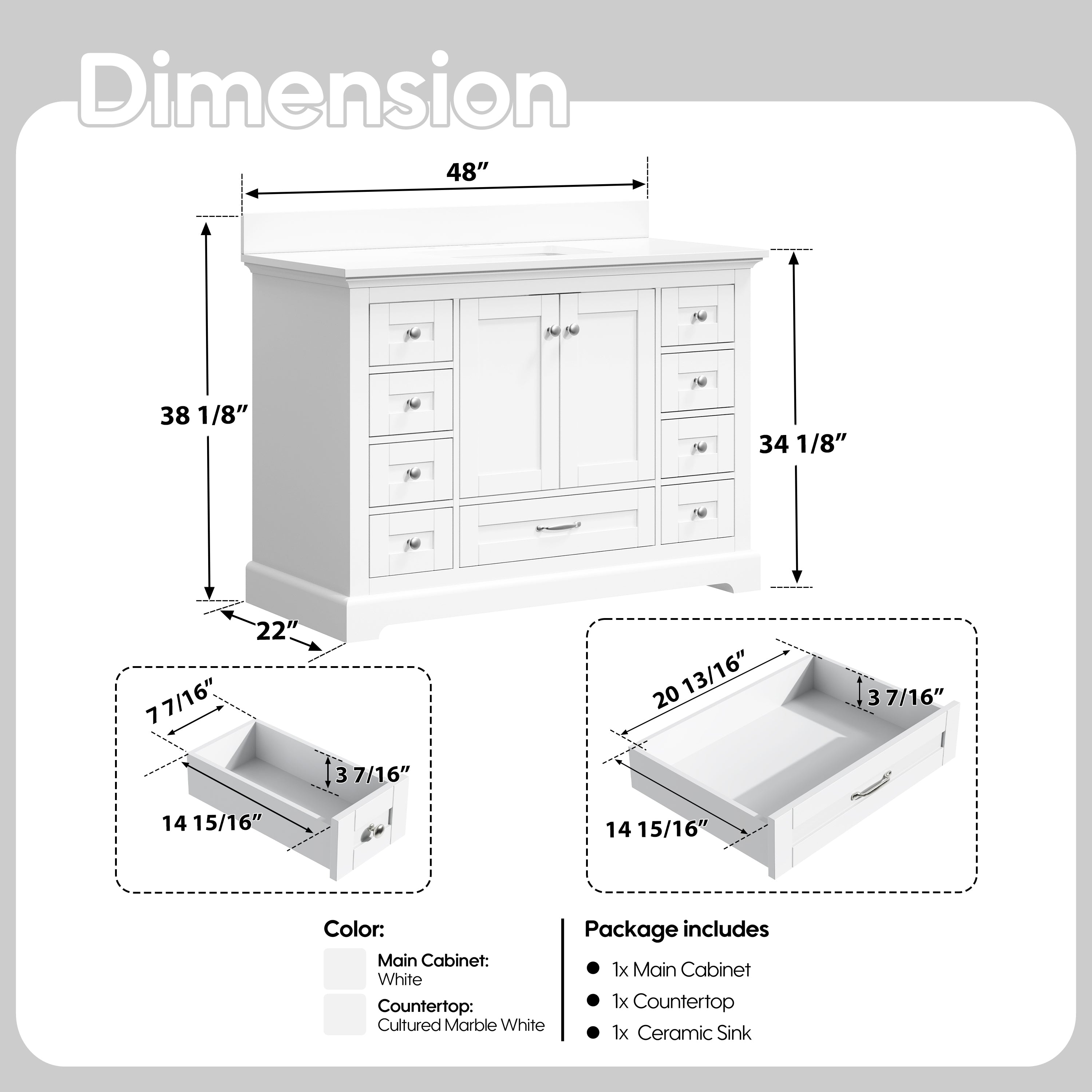 48 Inch White Bathroom Vanity with cUPC Undermount Basin with 2 Doors and 9 Drawers