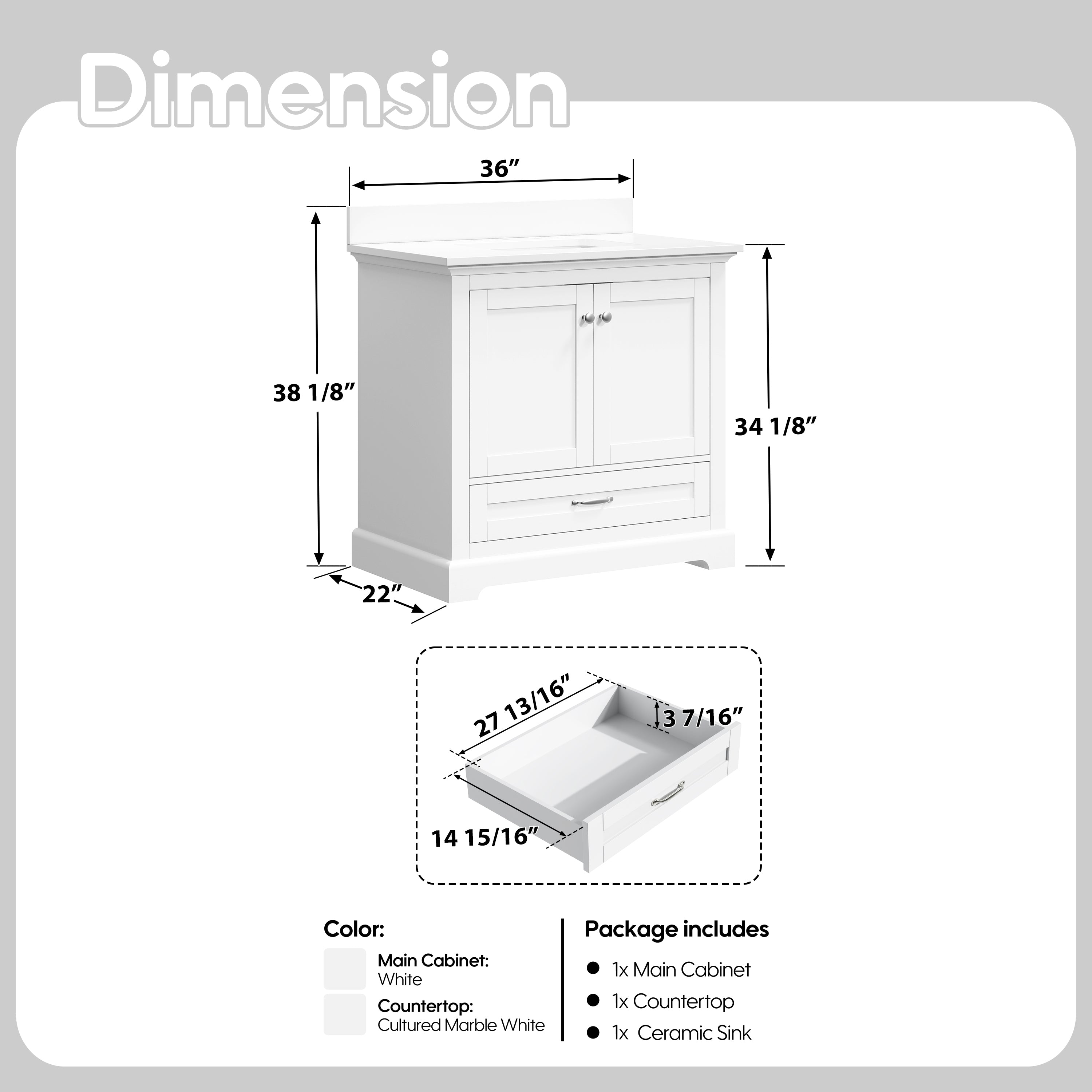 36 Inch White Bathroom Vanity with cUPC Undermount Basin with 2 Doors and 1 Drawer