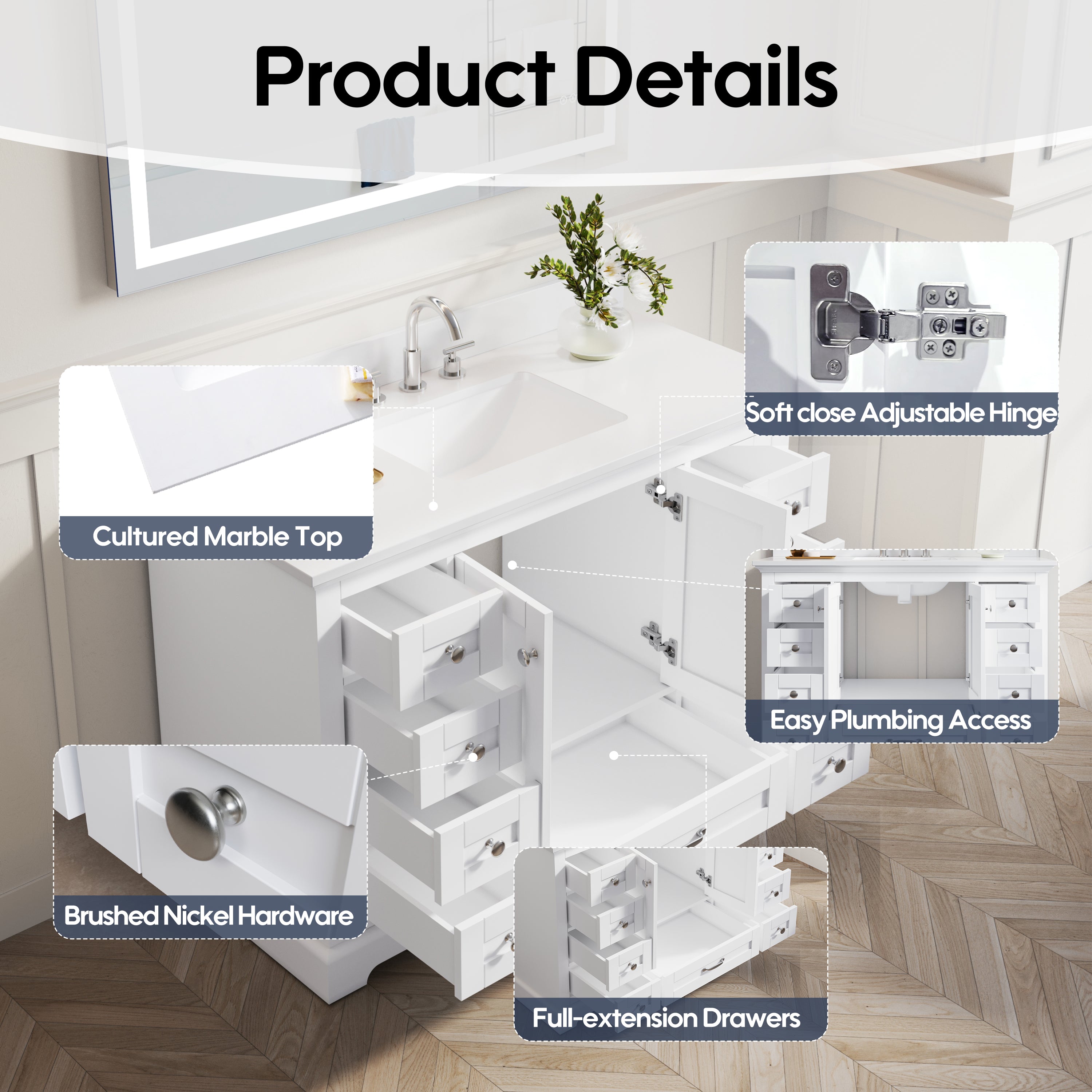 48 Inch White Bathroom Vanity with cUPC Undermount Basin with 2 Doors and 9 Drawers