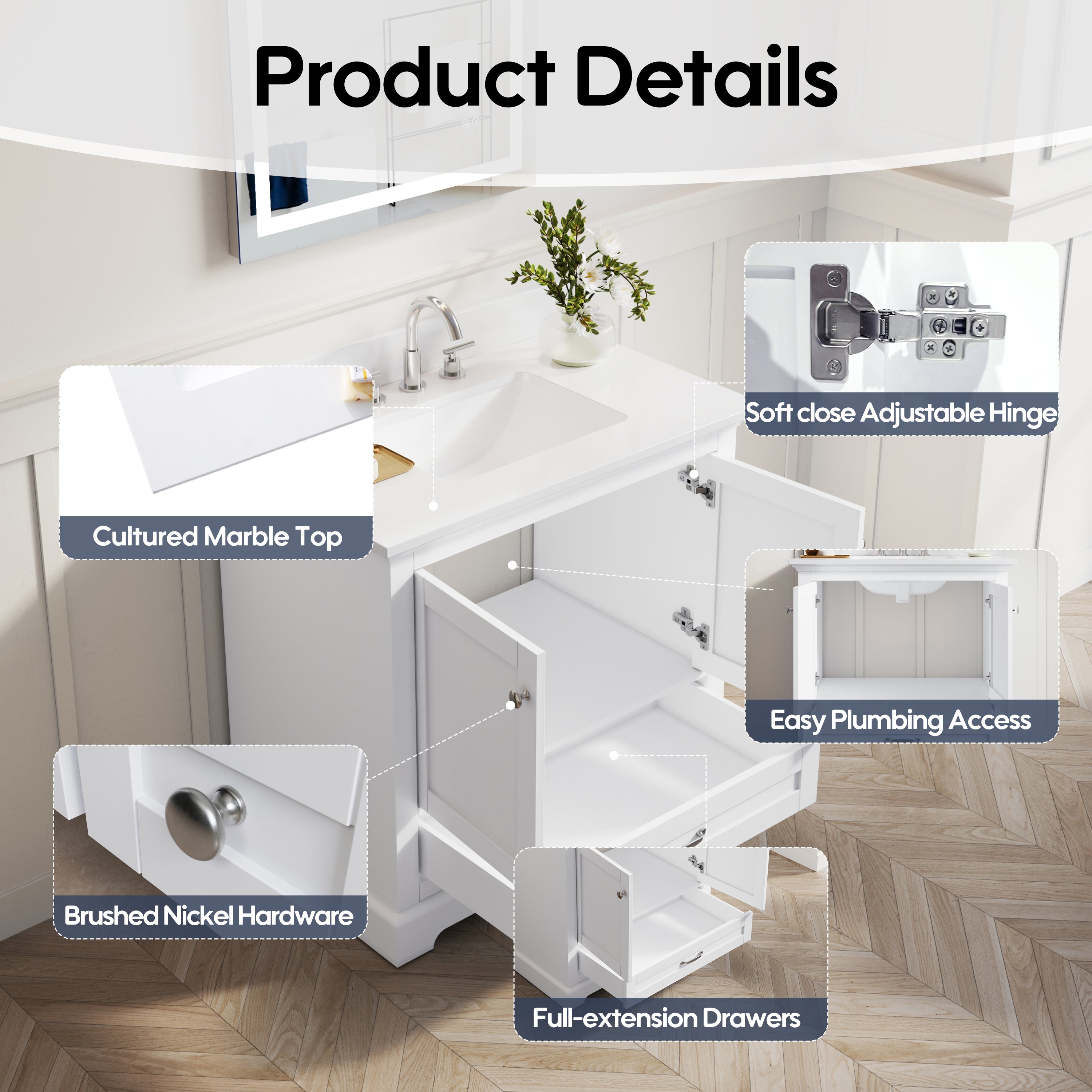 36 Inch White Bathroom Vanity with cUPC Undermount Basin with 2 Doors and 1 Drawer