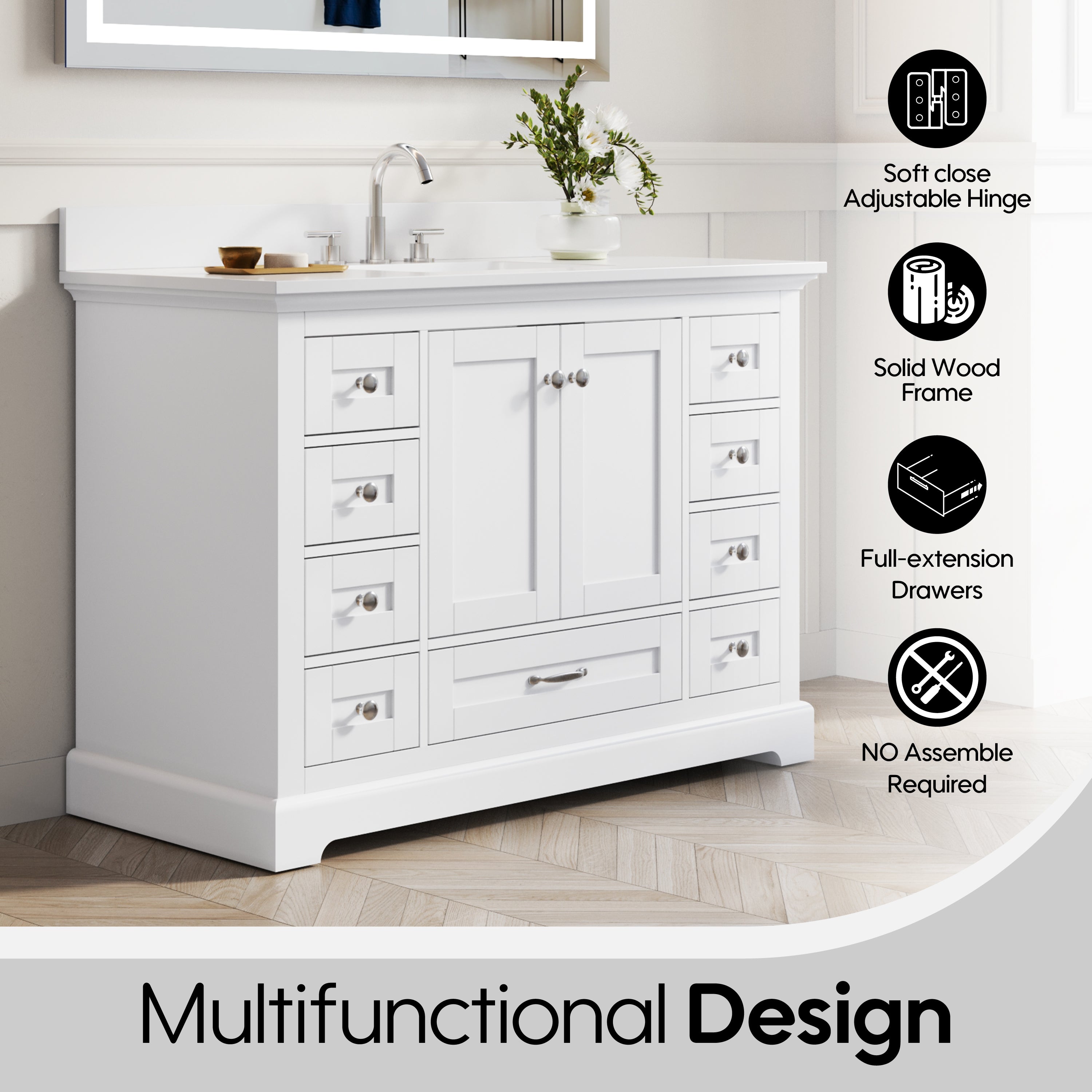 48 Inch White Bathroom Vanity with cUPC Undermount Basin with 2 Doors and 9 Drawers