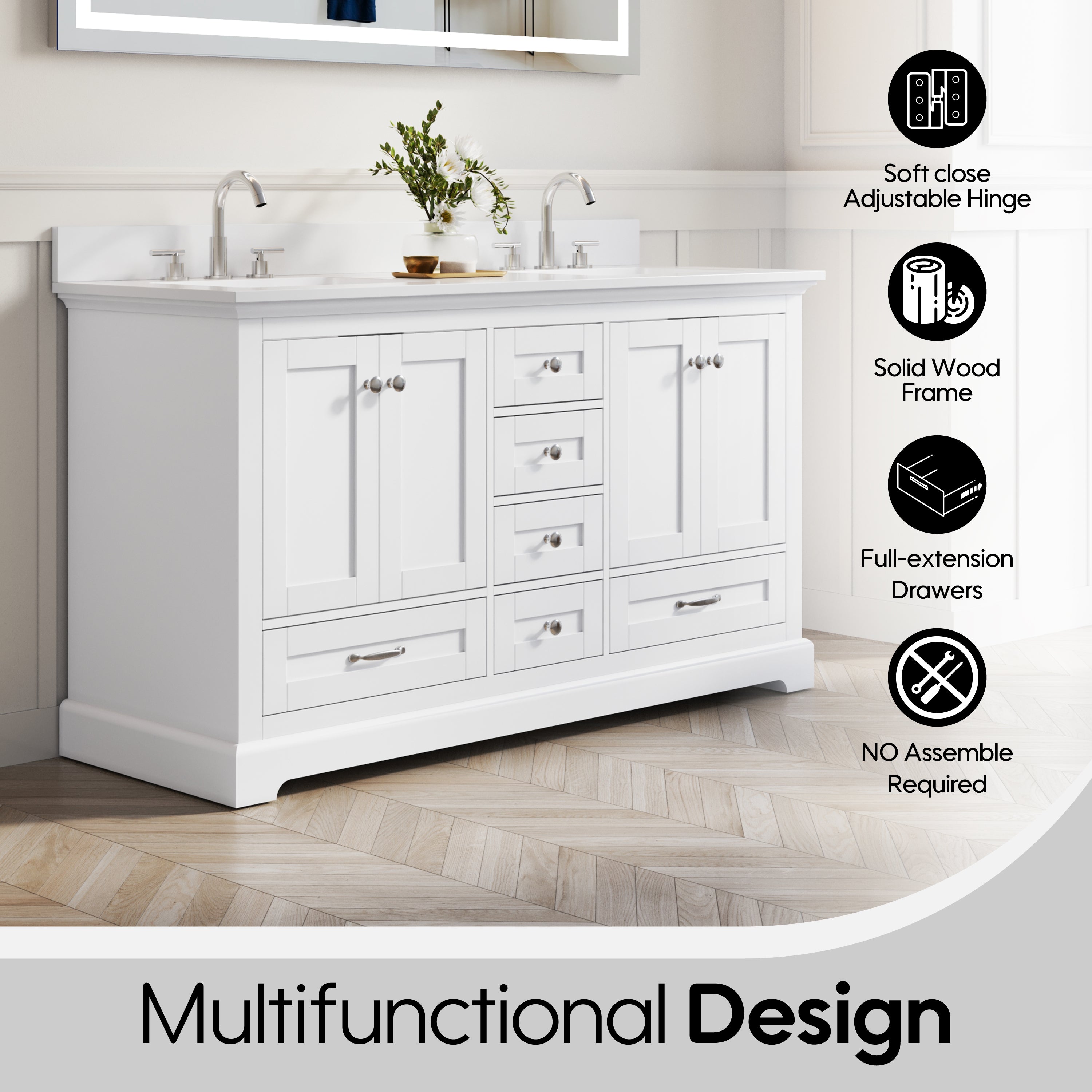 60 Inch White Bathroom Vanity with 2 cUPC Undermount Basins with 4 Doors and 6 Drawers