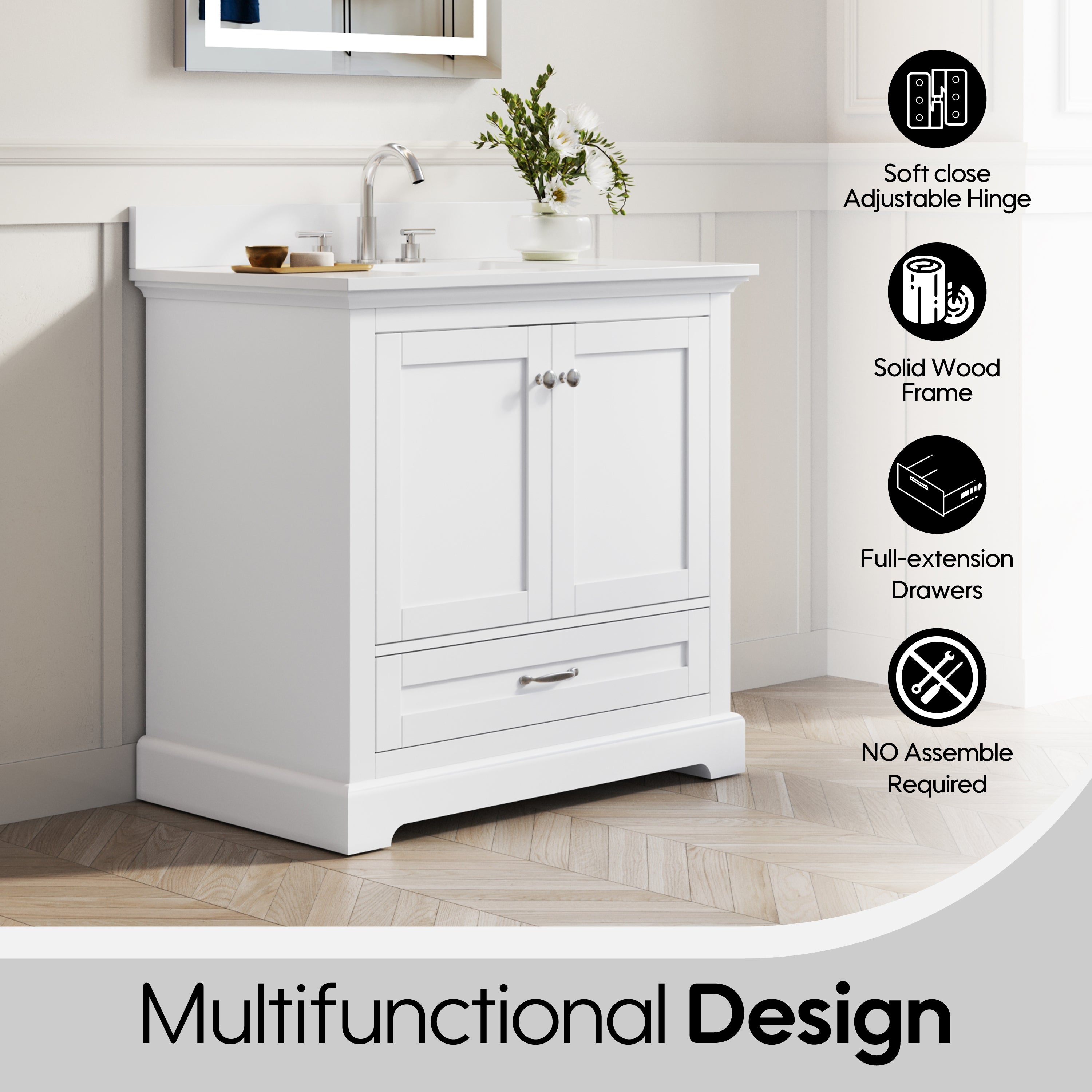 36 Inch White Bathroom Vanity with cUPC Undermount Basin with 2 Doors and 1 Drawer
