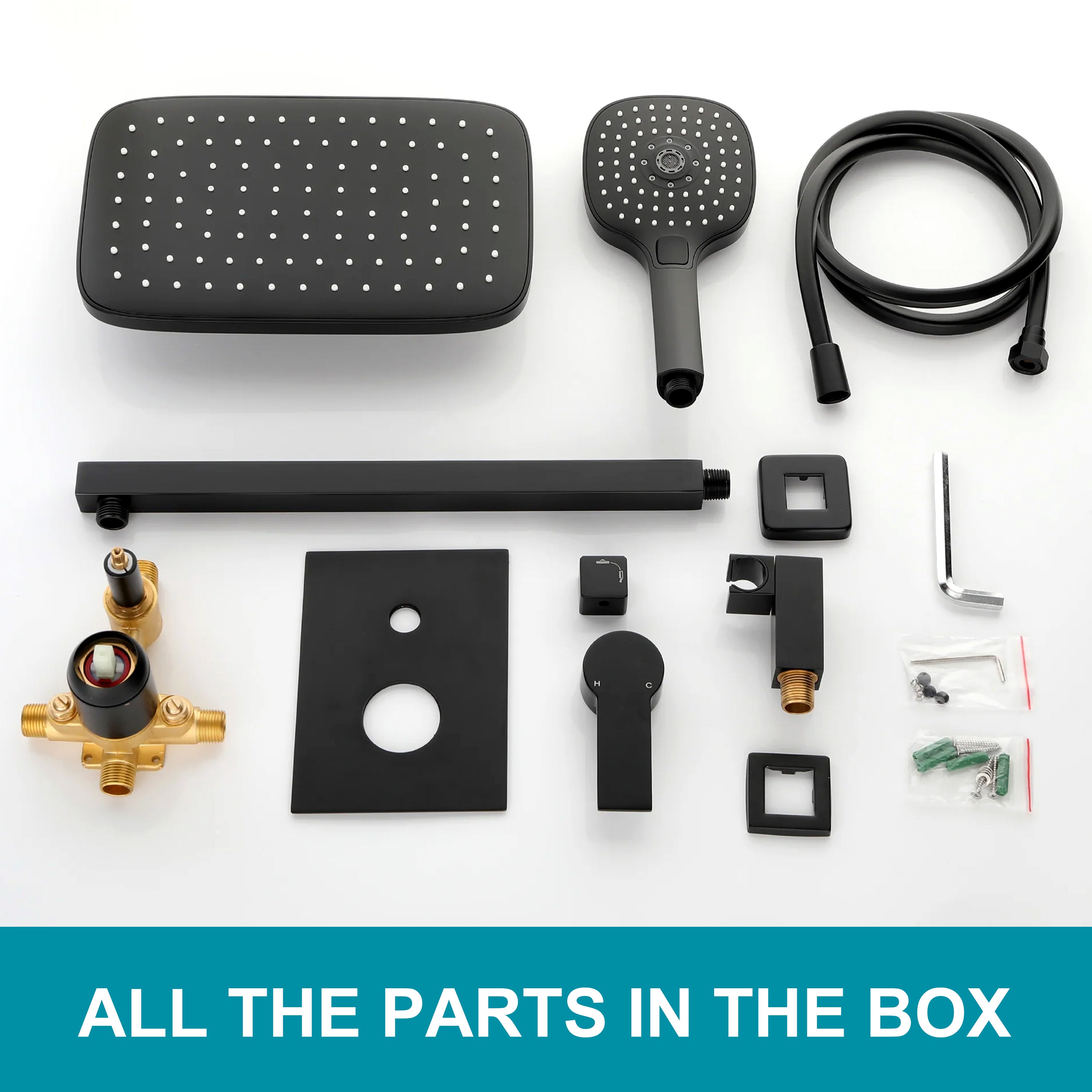 Wall Mount 12" Rainfall Shower Head 2-Spray Combo Shower System Set with 3-Function ABS Hand Shower in Matte Black