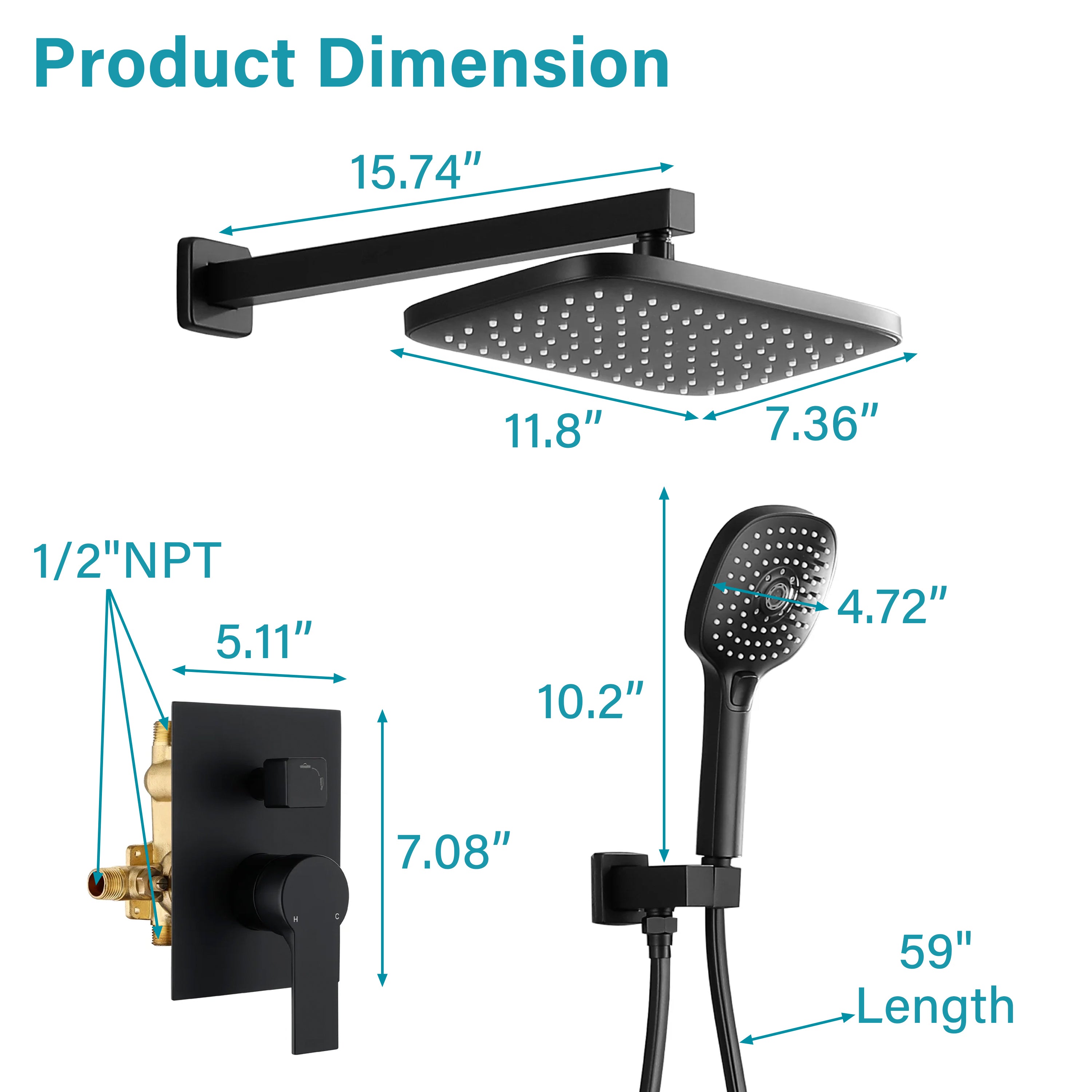 Wall Mount 12" Rainfall Shower Head 2-Spray Combo Shower System Set with 3-Function ABS Hand Shower in Matte Black