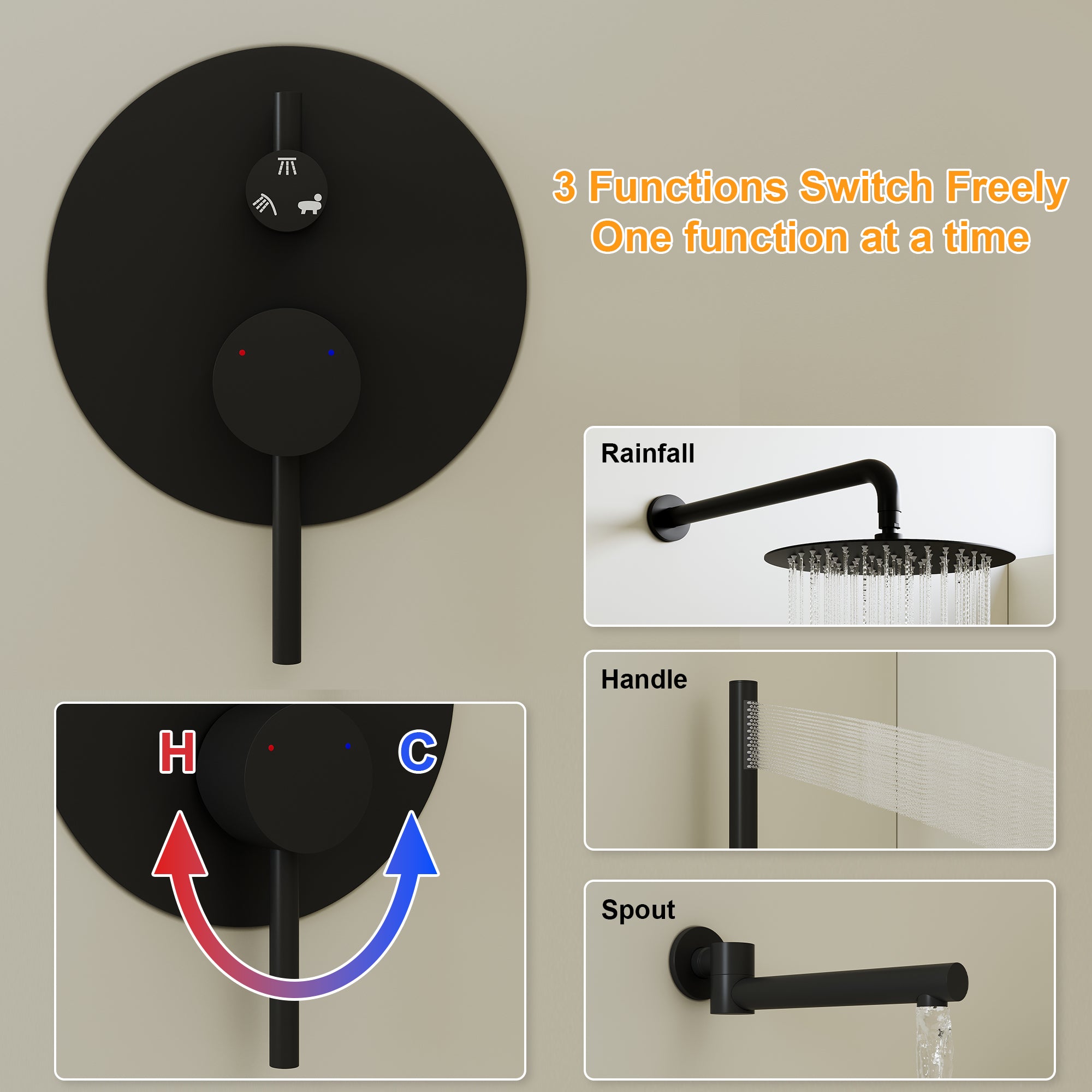 3-Function Shower System with 10-Inch Rain Shower Head, Adjustable Tub Spout, Hand shower, 304 SS