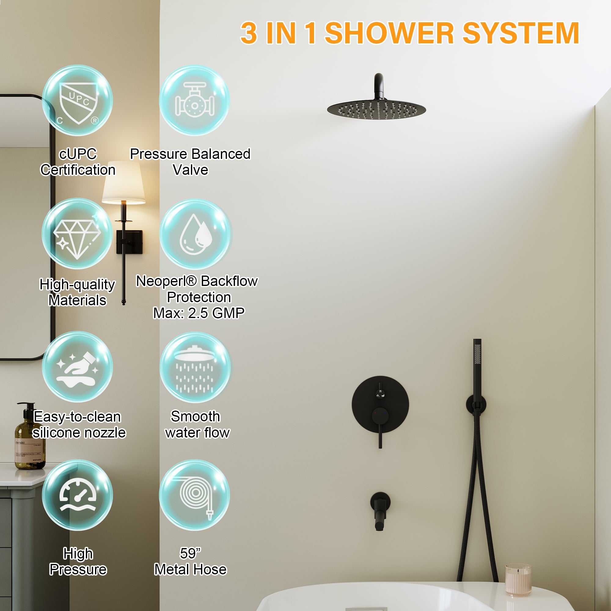 3-Function Shower System with 10-Inch Rain Shower Head, Adjustable Tub Spout, Hand shower, 304 SS