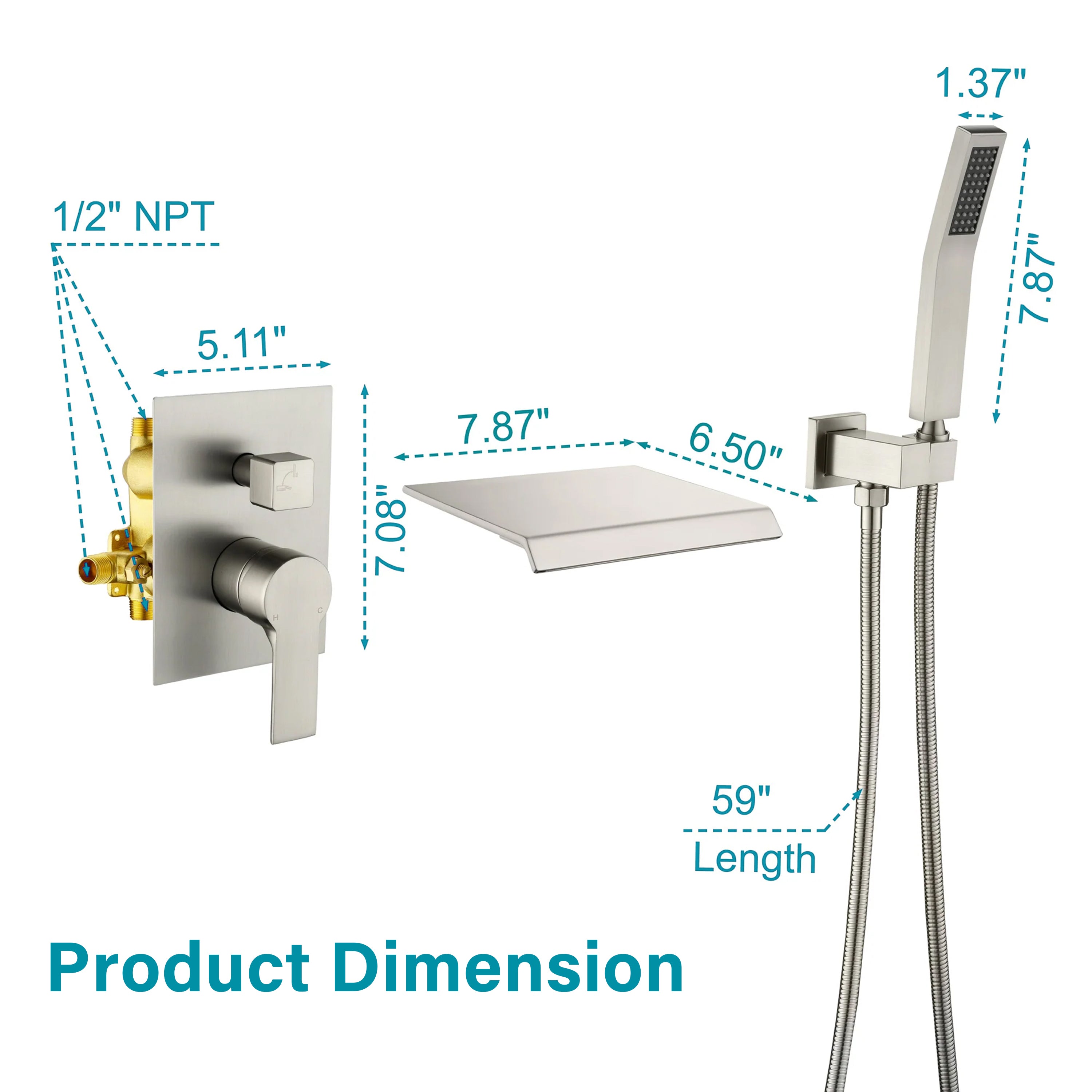 Single-Handle Tub Shower Faucet Set with SUS304 Waterfall Spout, Hand Shower