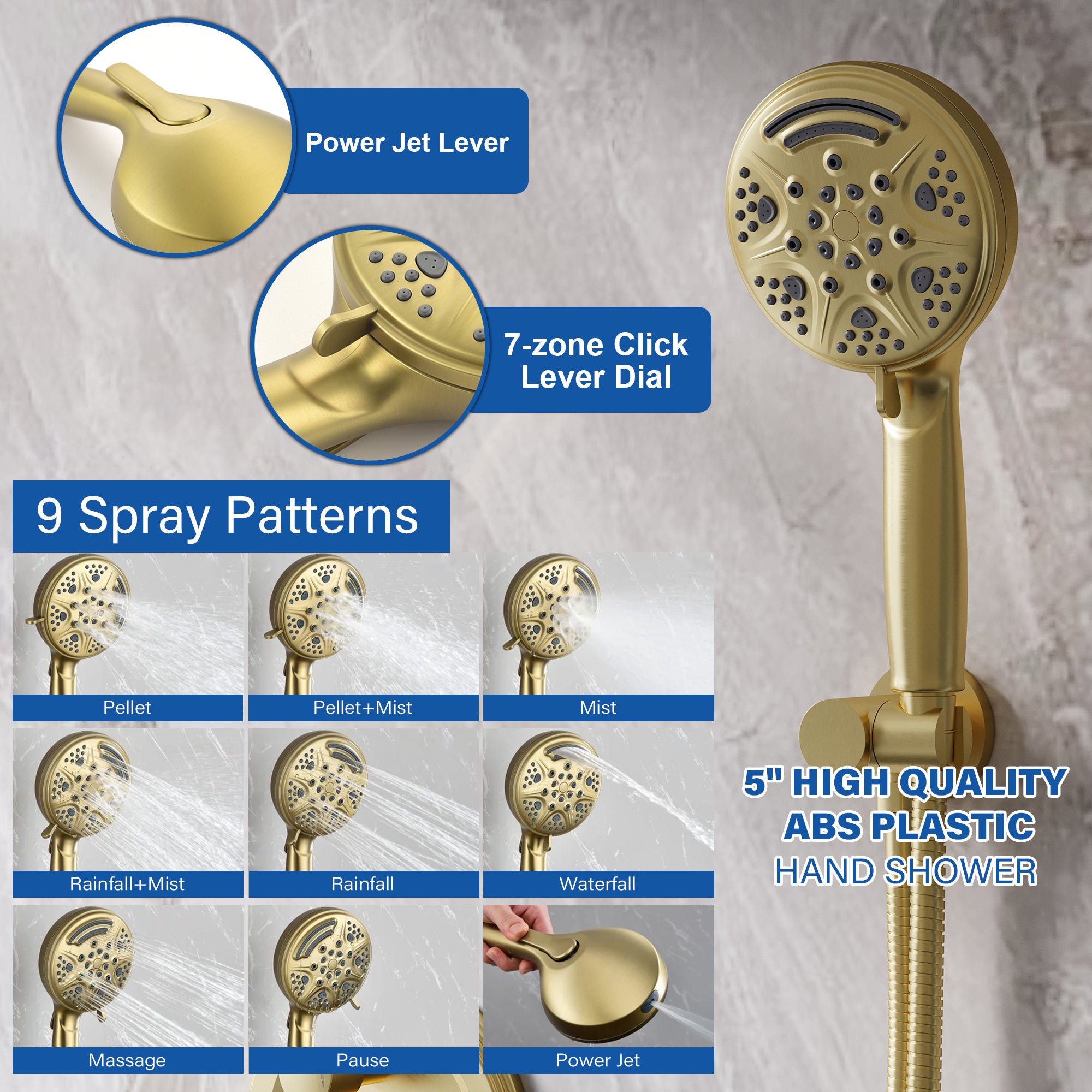 8 inch Wall Mount 6-Spray Patterns Rain Shower Head and 9-Function Handheld Shower Combo