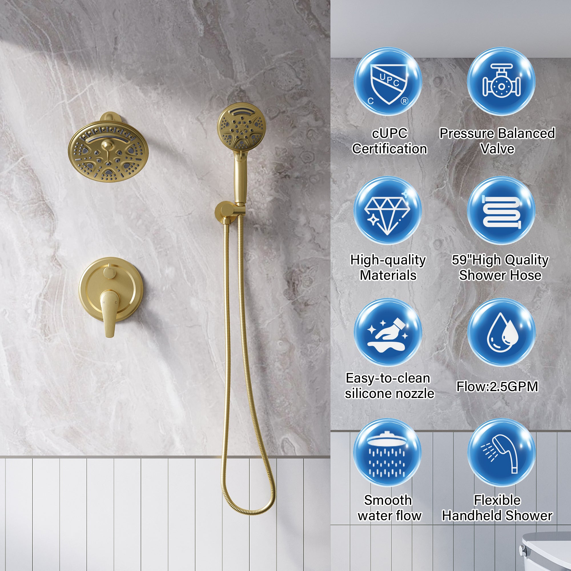 8 inch Wall Mount 6-Spray Patterns Rain Shower Head and 9-Function Handheld Shower Combo